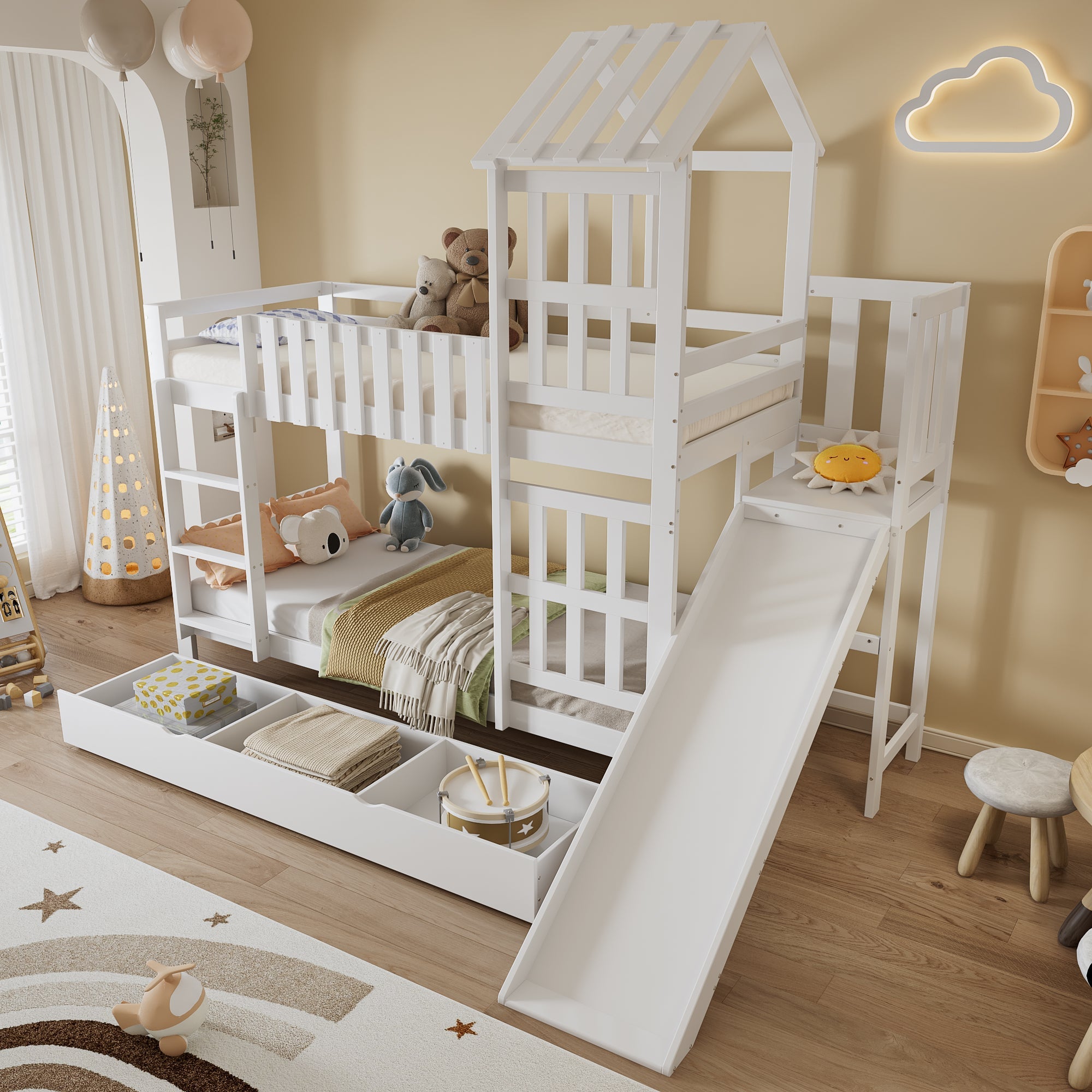 Bunk bed, children's bed with large drawer, fun slide, roof and window, white, Pine+MDF+Plywood