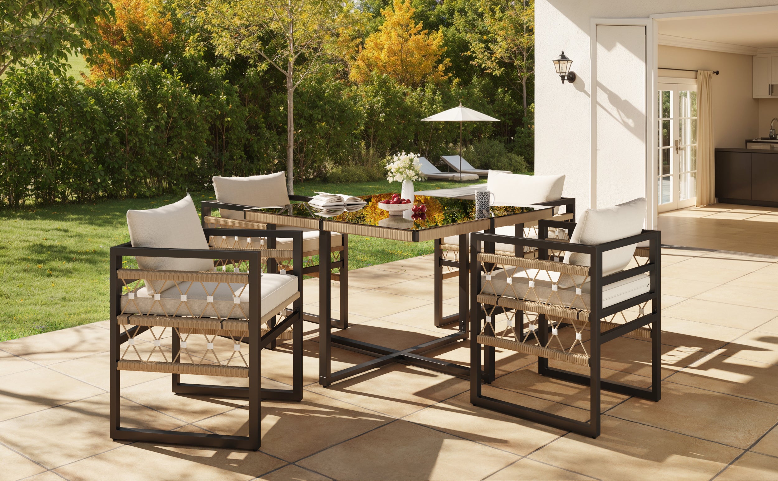 Handwoven Garden Sofa Set for 8 People with 2 Glass Tables and 8 Armchairs, Beige Iron