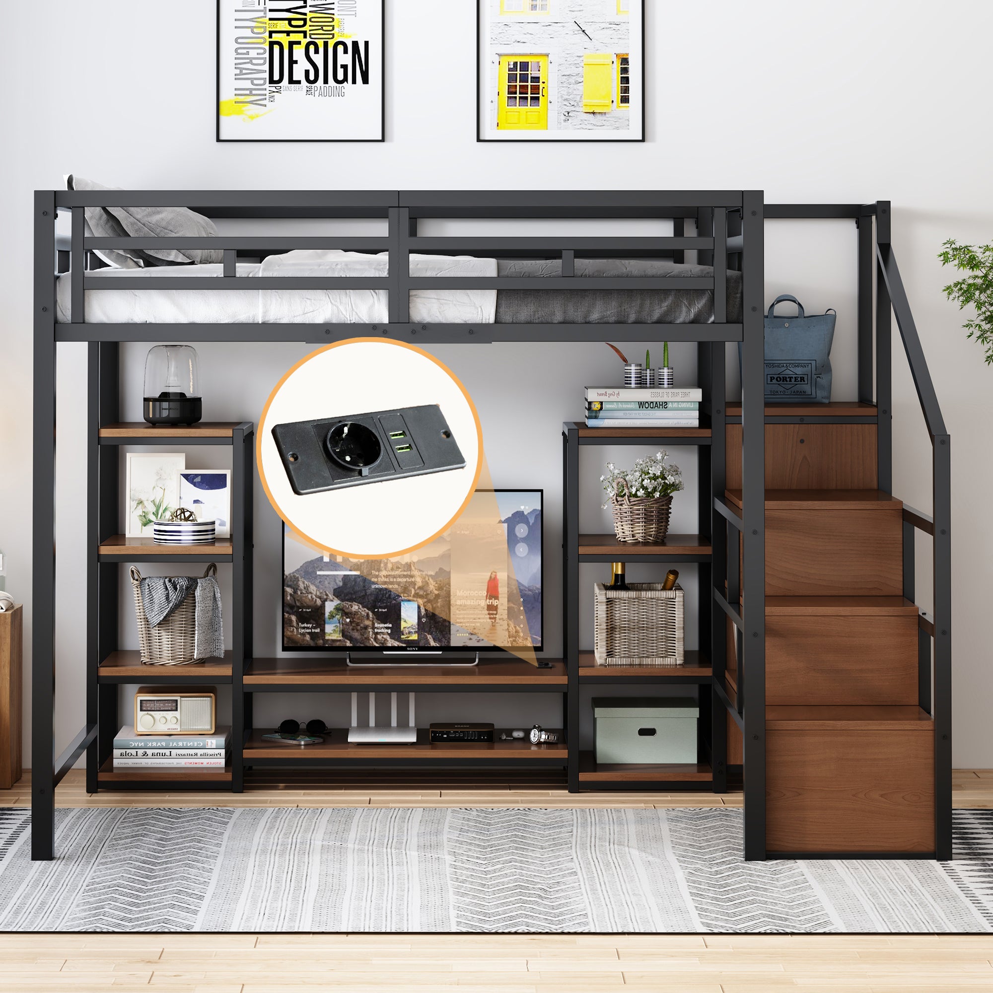 Loft Bed 140x200 TV Stand Power Outlet Safety Ladder, Metal/Wood Black