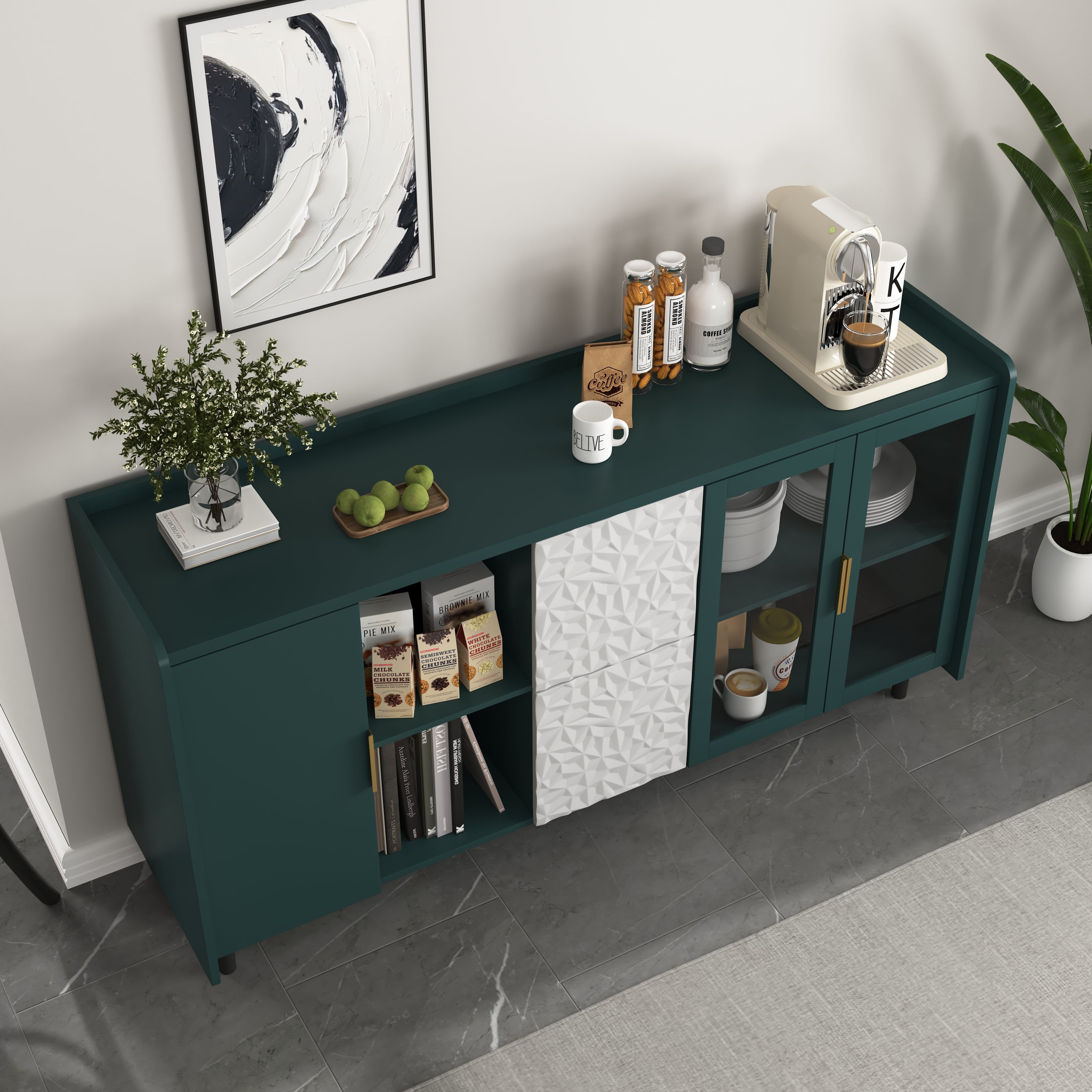 Modern Pantry Cabinet 55-inch with 2 Drawers 2 Glass Doors & Shelves - Green