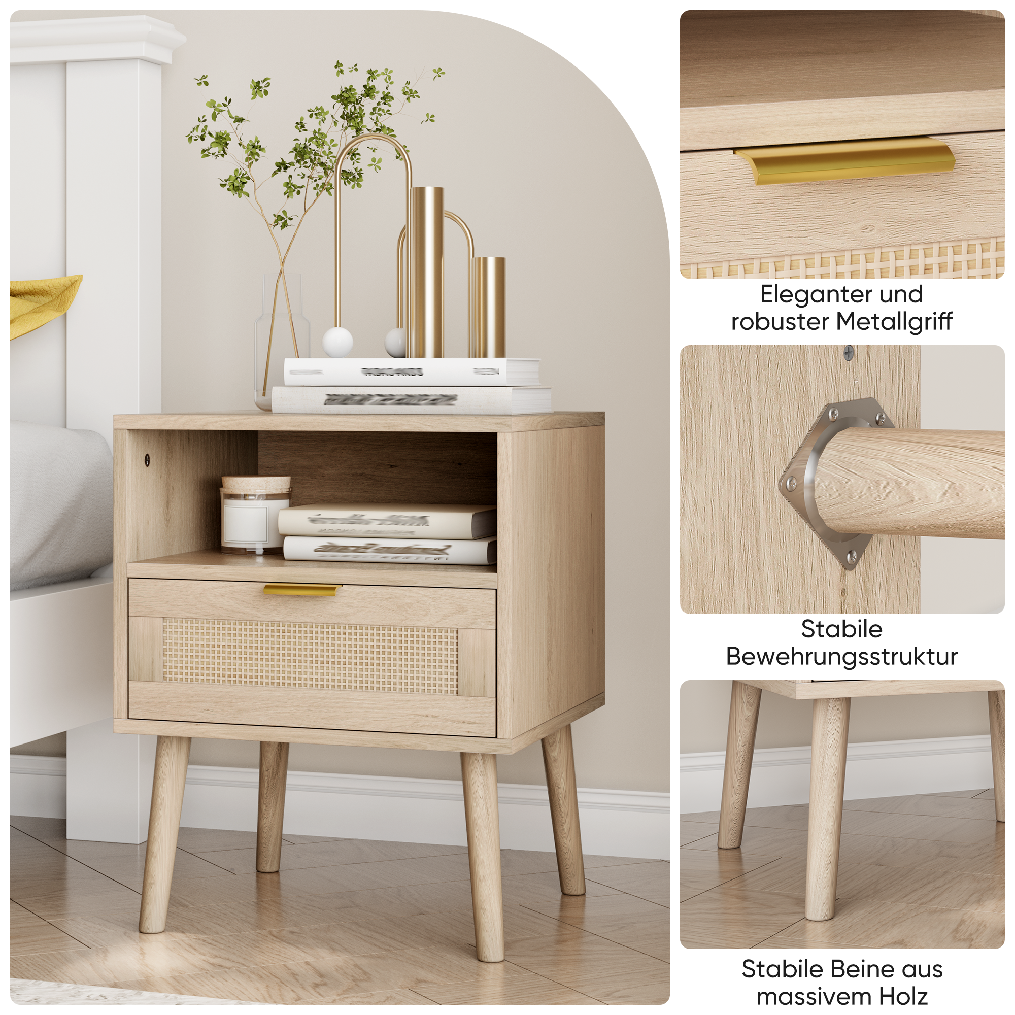 Bedside Table Open Shelf Gold Handle 45x40cm Vine