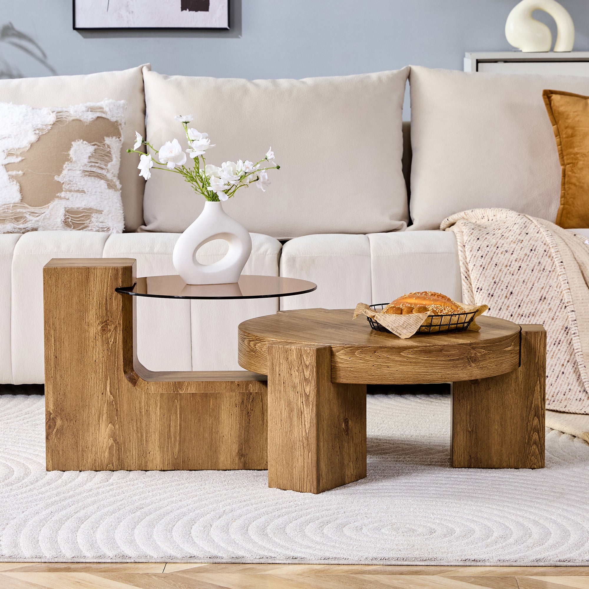 Separable Coffee Table Set MDF Wood Look Safety Glass - Brown Tinted