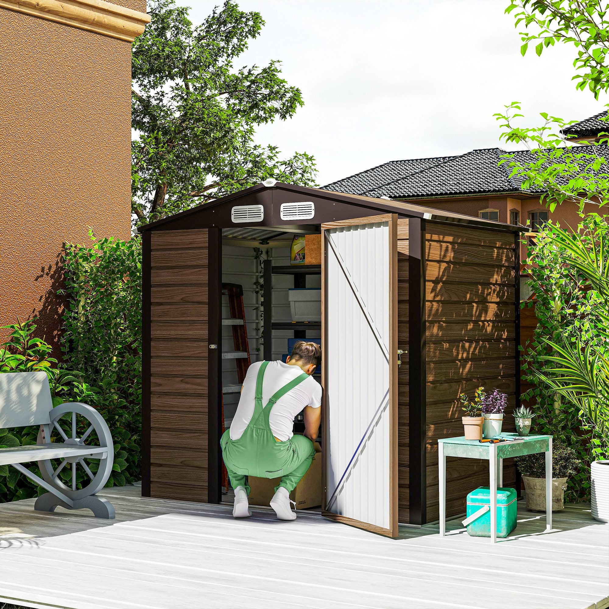 Garden Shed, 4 x 6ft Galvanised Steel with Lock and Gloves - Oak