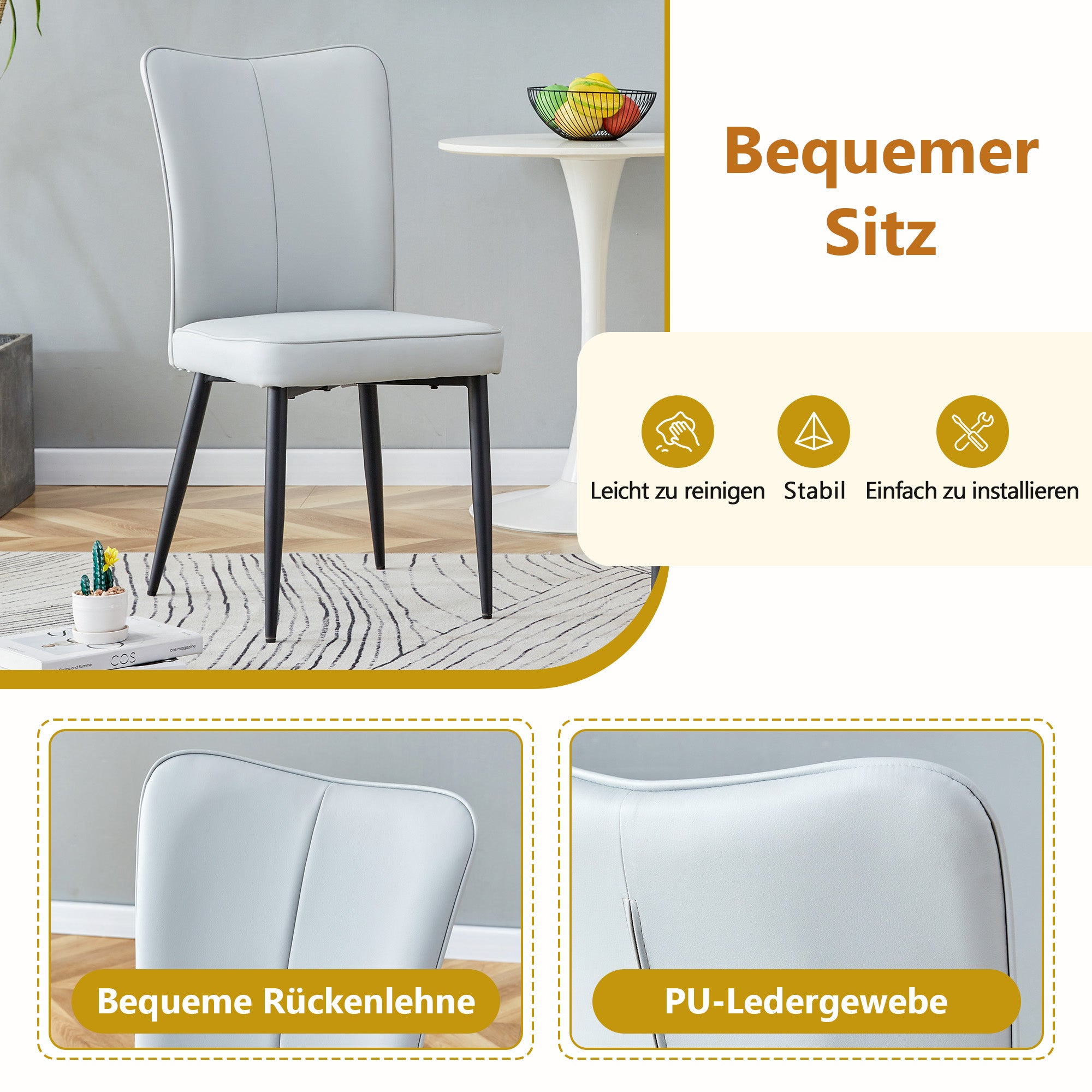 160 cm Dining Table Set with Storage & 4 Modern Chairs, Light Grey PU Leather/Black Metal