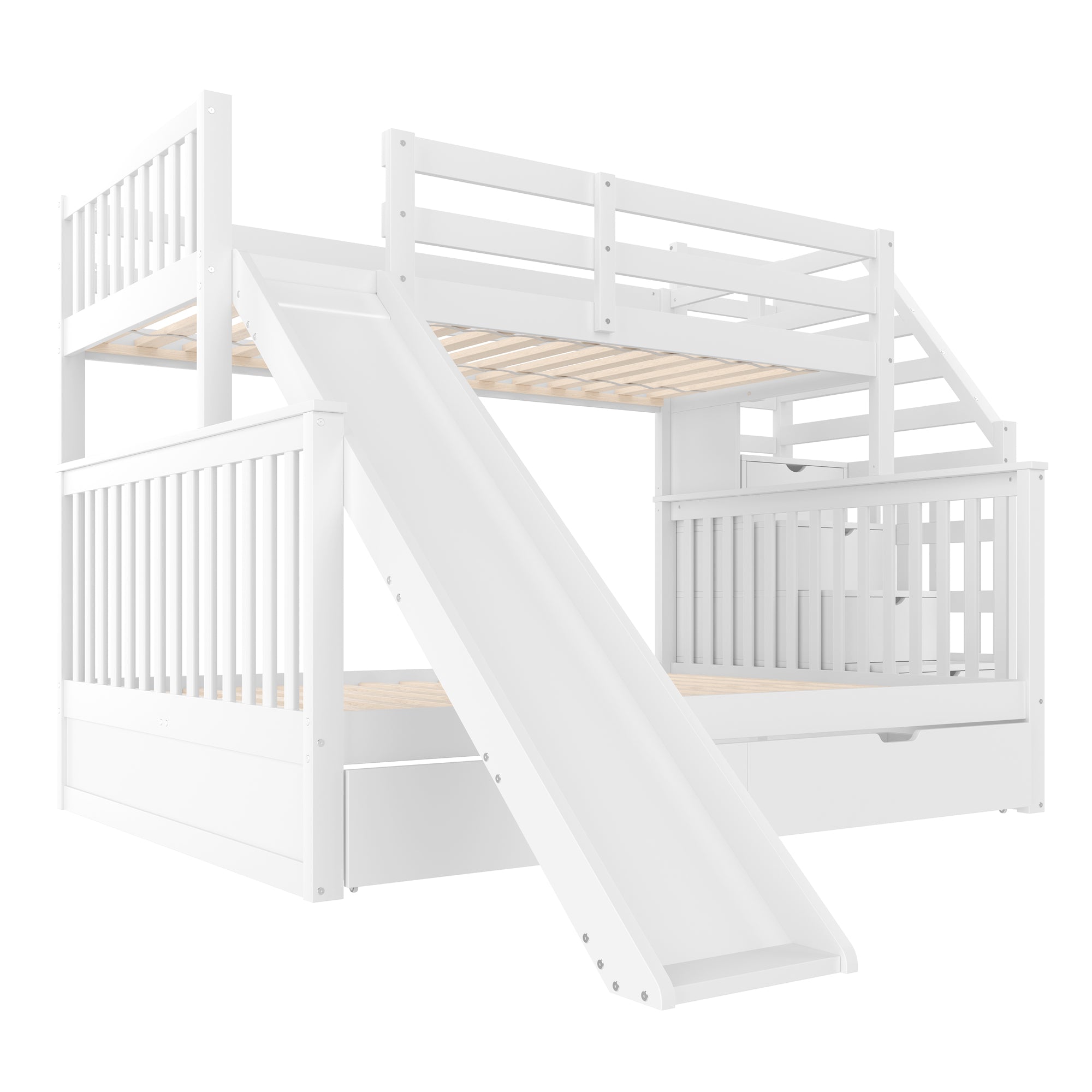 Bunk Bed 90x200 over 140x200 with Drawers, Storage, Slide, Multifunctional, White