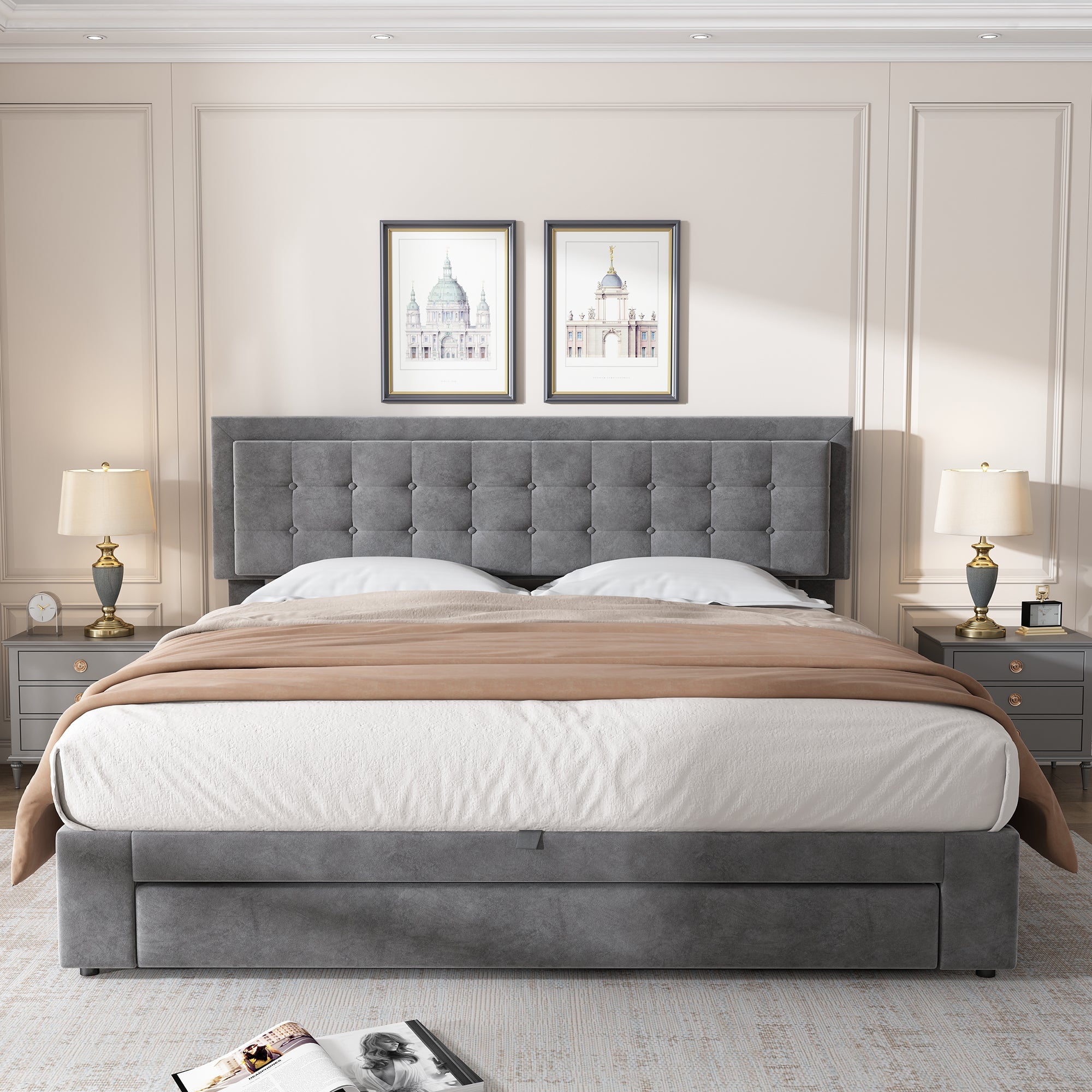 Upholstered Bed, King Size (150x200cm) with Storage, Slats & Headboard, Velvet Fabric, Grey