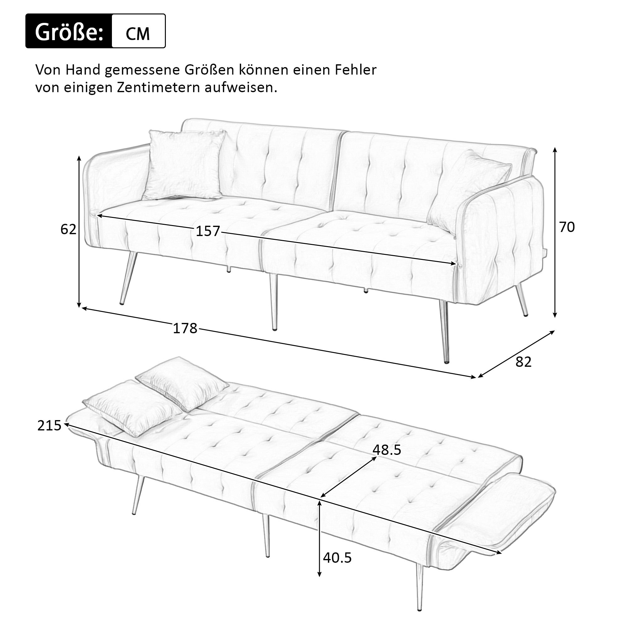 Sofa Bed, Two-Seater Multifunctional Folding with Adjustable Backrest & Armrests, Velour