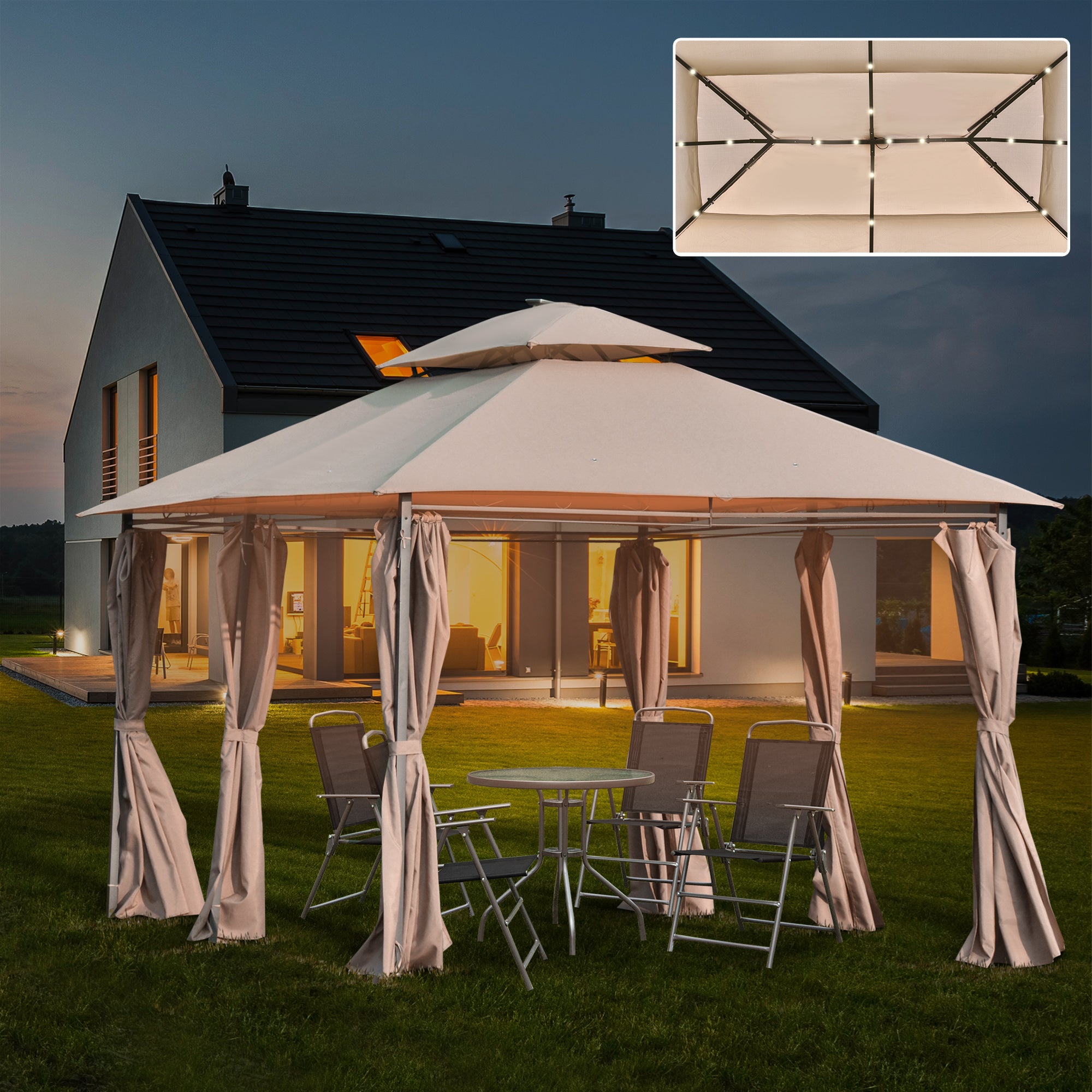 Outdoor Gazebo Canopy with LED Solar Light, Double Tier Roof, Steel Frame, Khaki