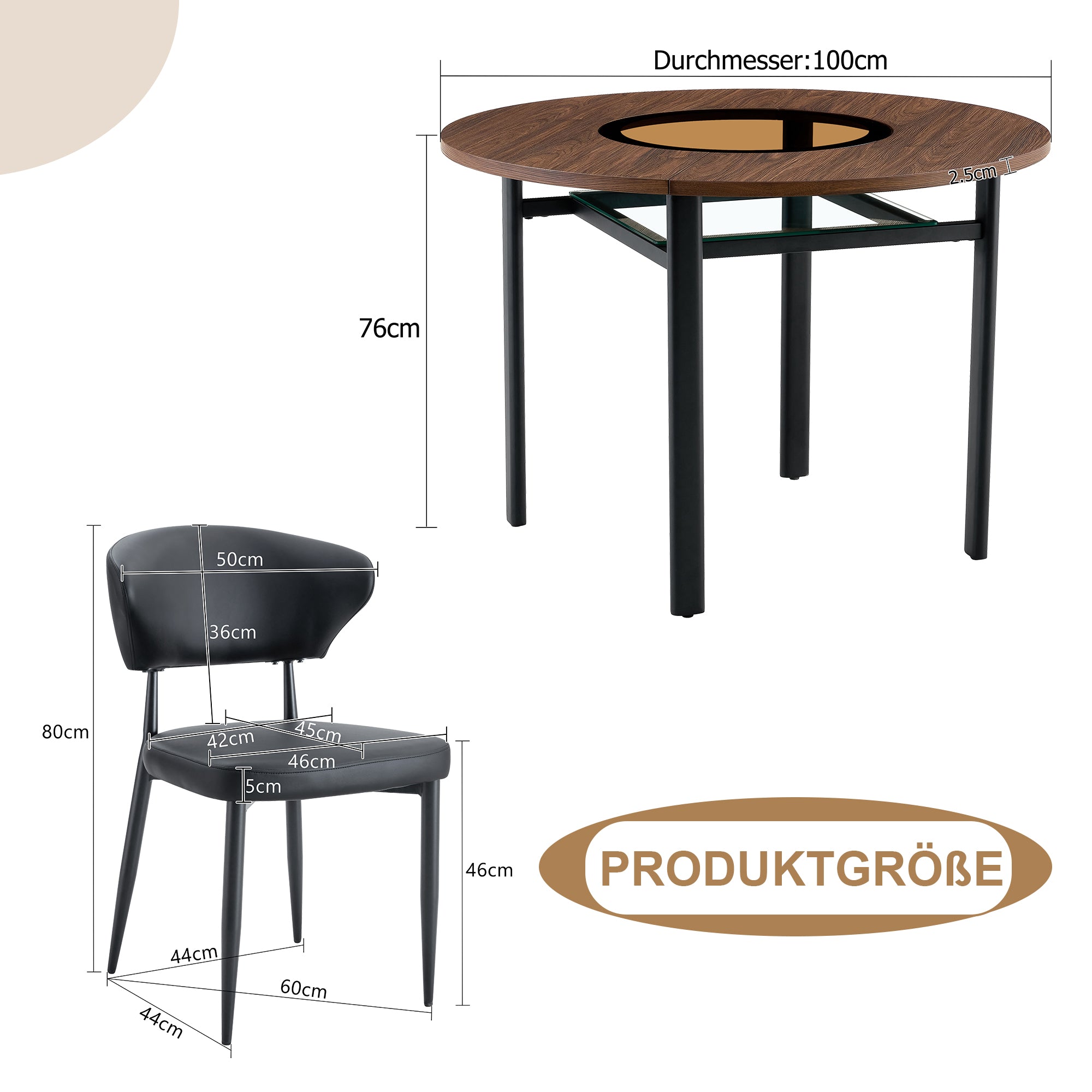 Modern Minimalist Round Table Set, 100cm Wood Look with 2 Armchairs, Black PU Leather