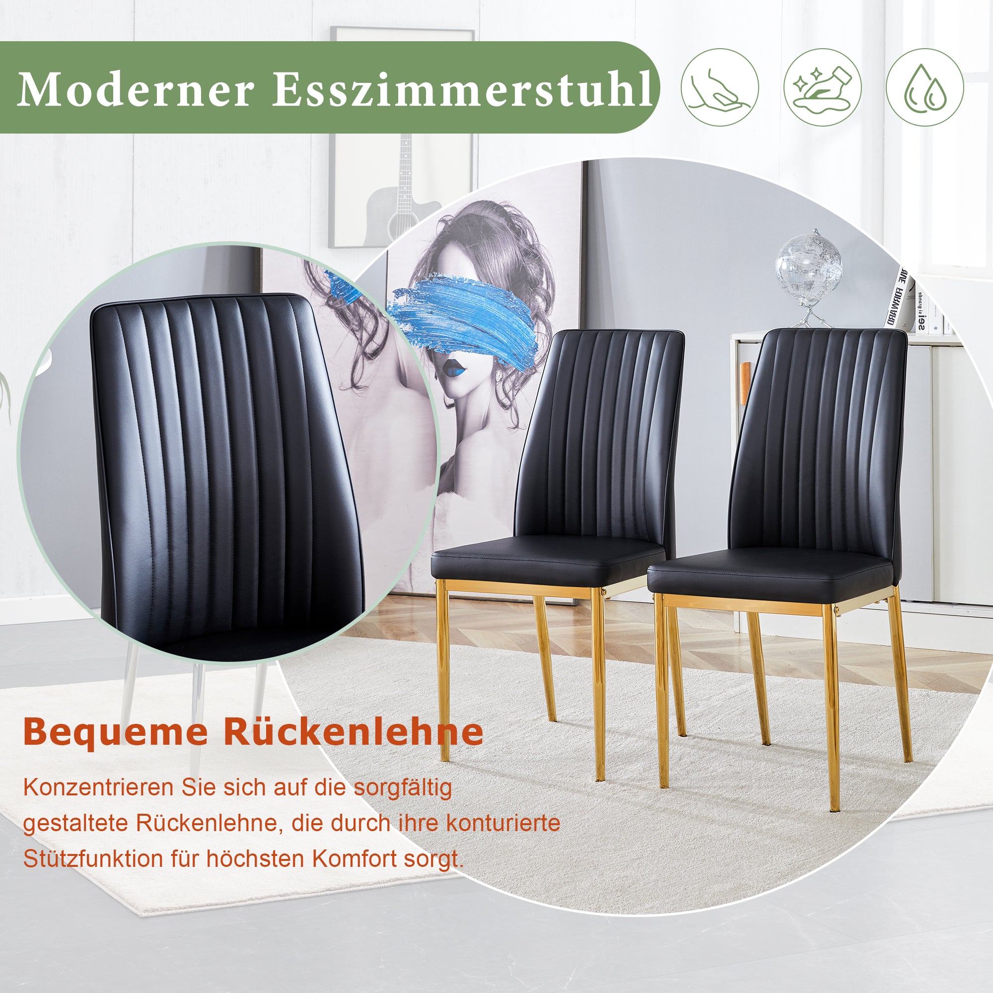 Dining Chair Set of 4, Golden Metal Legs, Black PU Leather