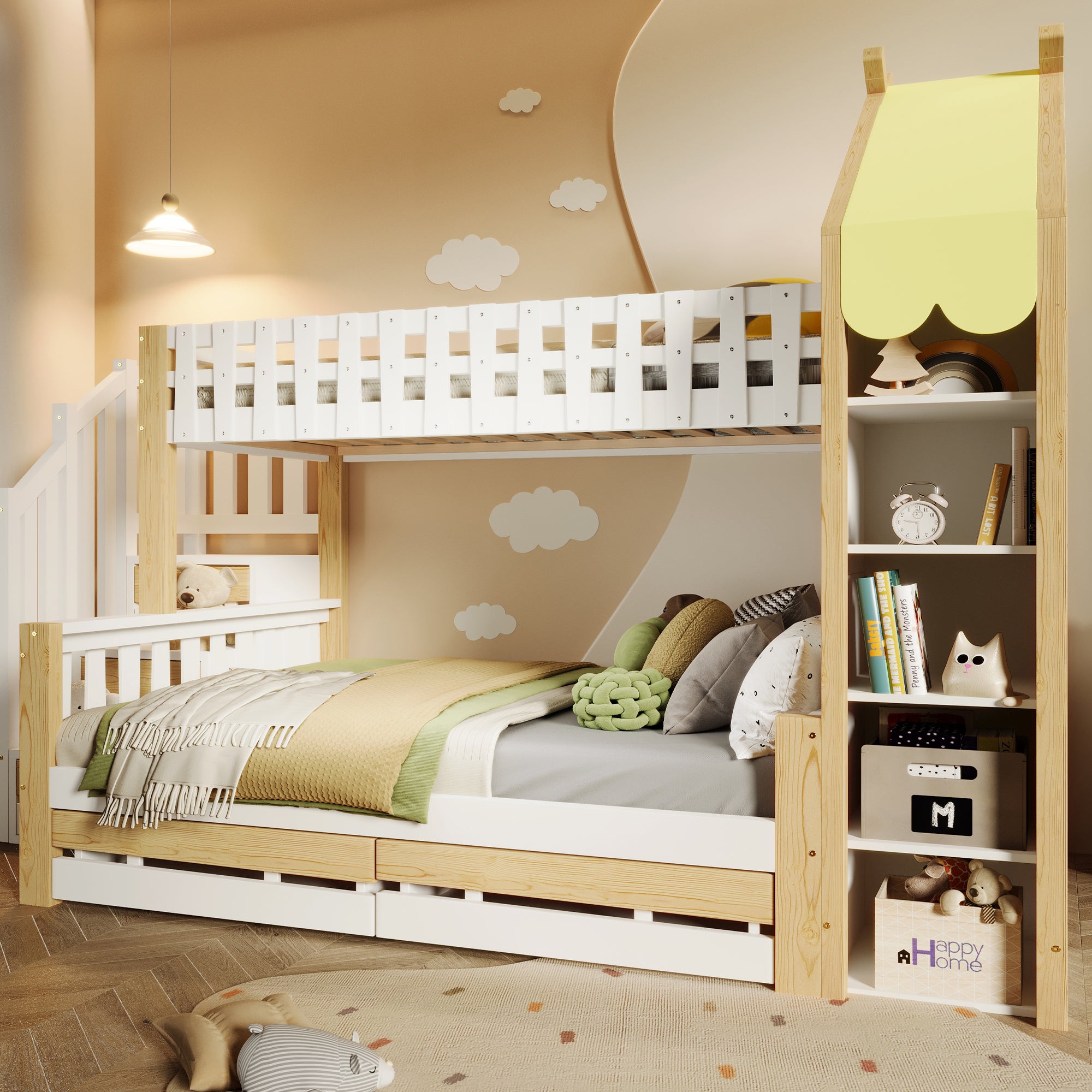 Bunk Bed, 90x200cm + 140x200cm, Storage Ladder, 2 Drawers, White + Natural