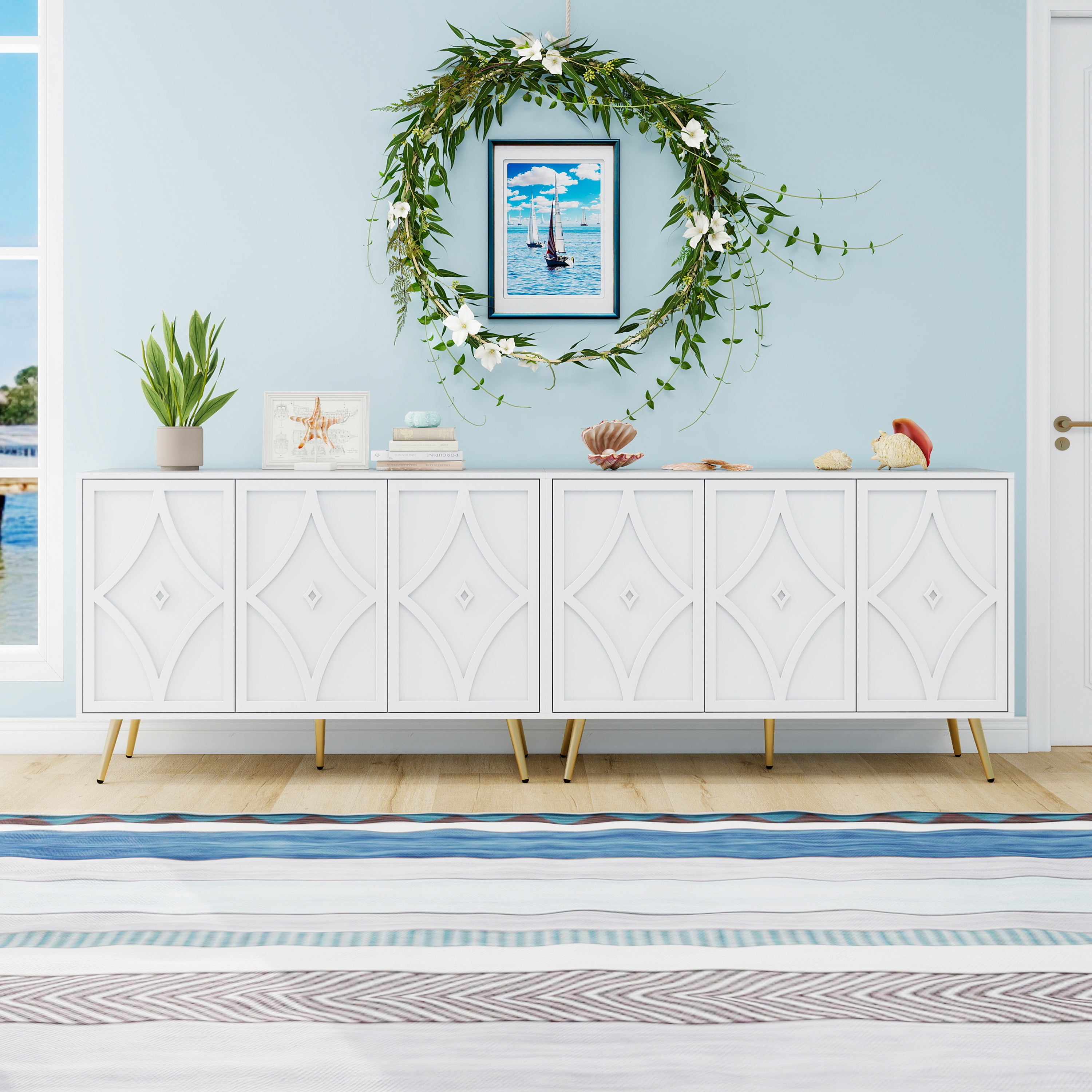 Sideboard Cabinet, 3-Door, 3D Carving, Gold Metal Legs, White