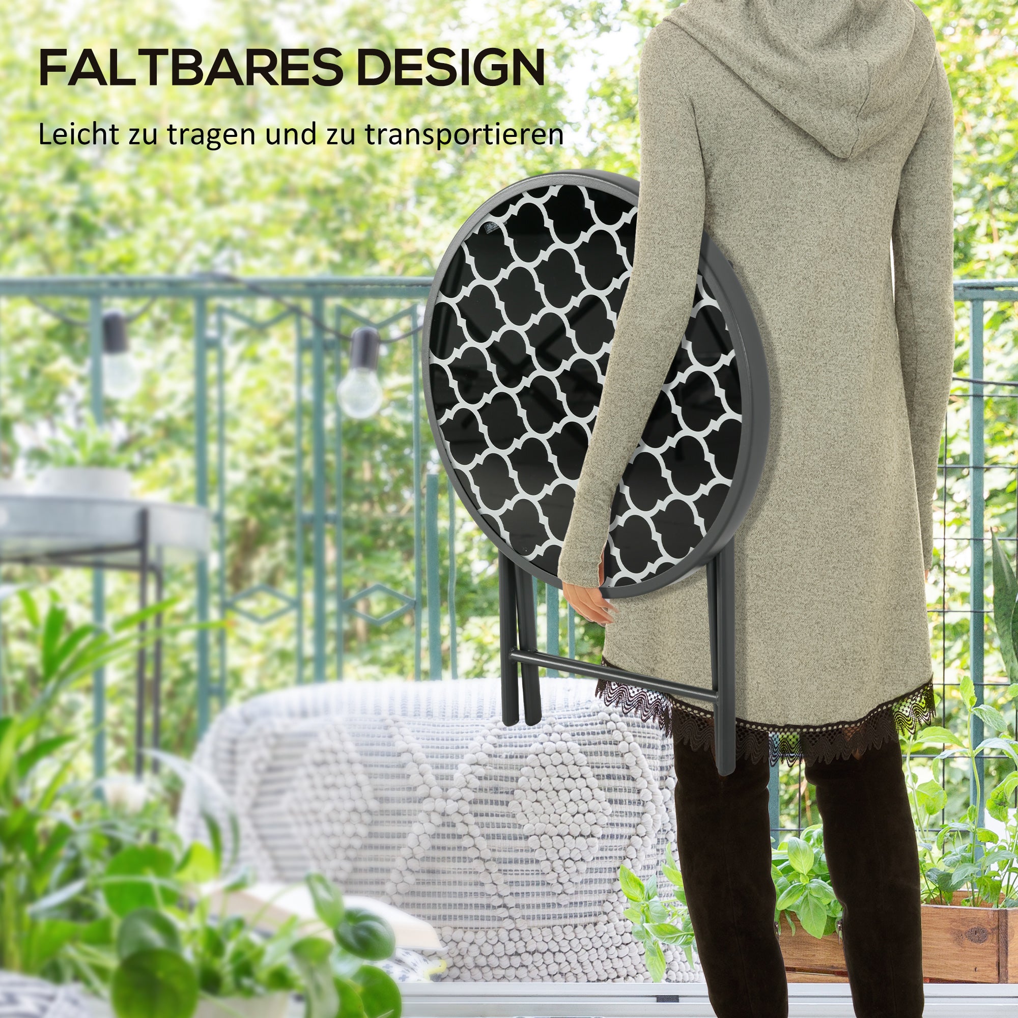 Folding Table Side Table Glass Top Black