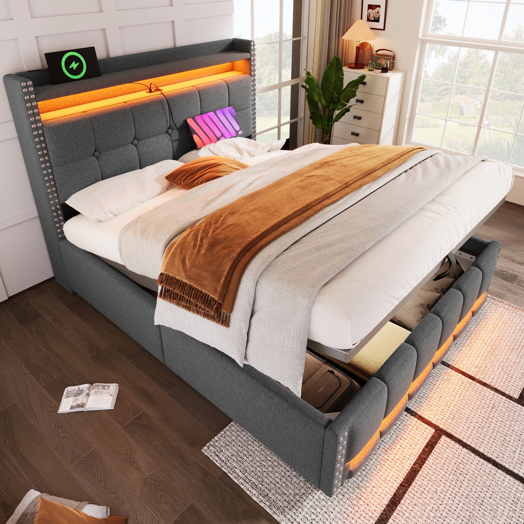 Upholstered Bed 140*200cm, LED & USB, Hydraulic Storage, Linen Fabric Grey