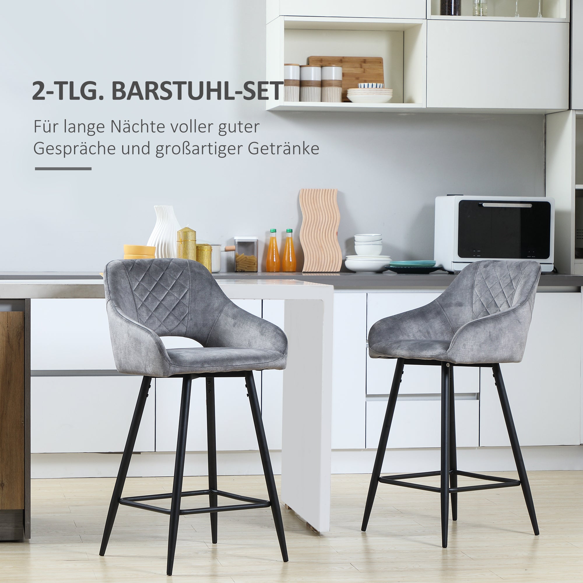 Bar Stool Set 2-Piece with Footrest, Seat Cover - Steel, Grey