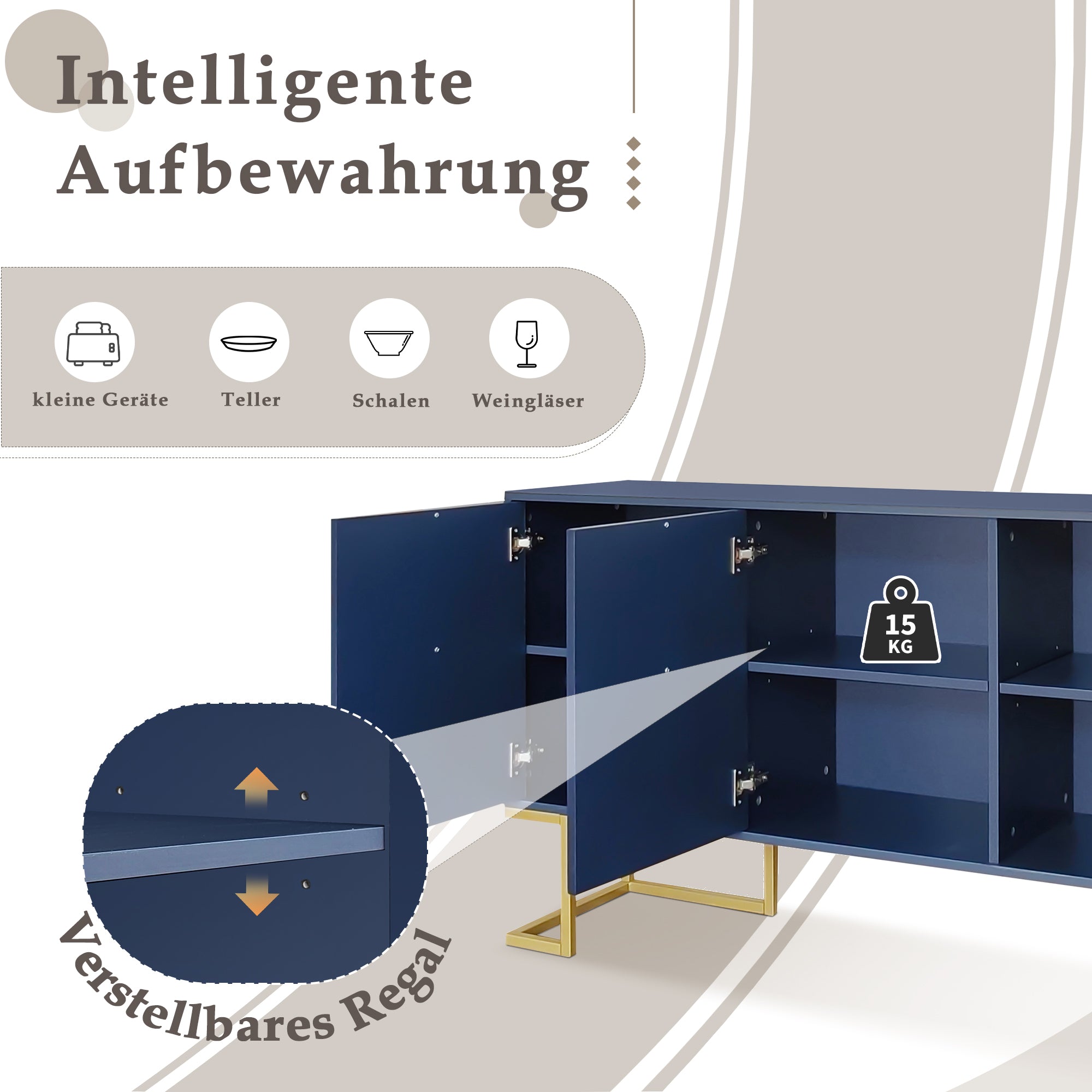 Sideboard, 3-Door Adjustable Shelves U-Shaped Metal, Navy Blue