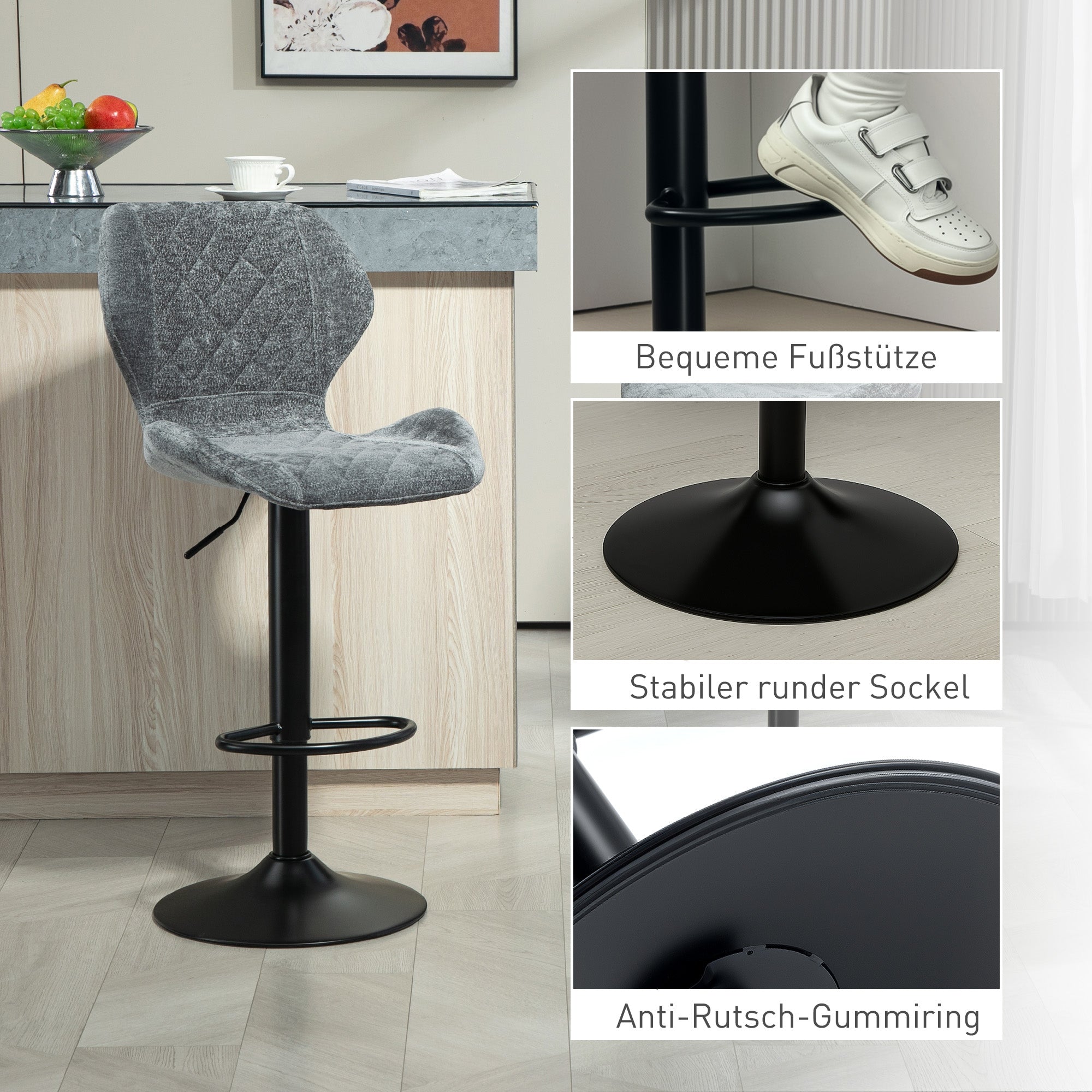Bar stool set of 2, upholstered with backrest, height-adjustable, 360° rotatable, dark gray chenille look