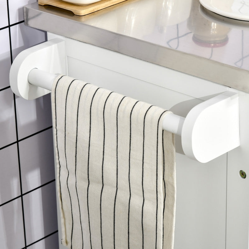 Wooden Kitchen Island Serving Cart Storage Trolley with Stainless Steel Top, Drawer, and Rack, White