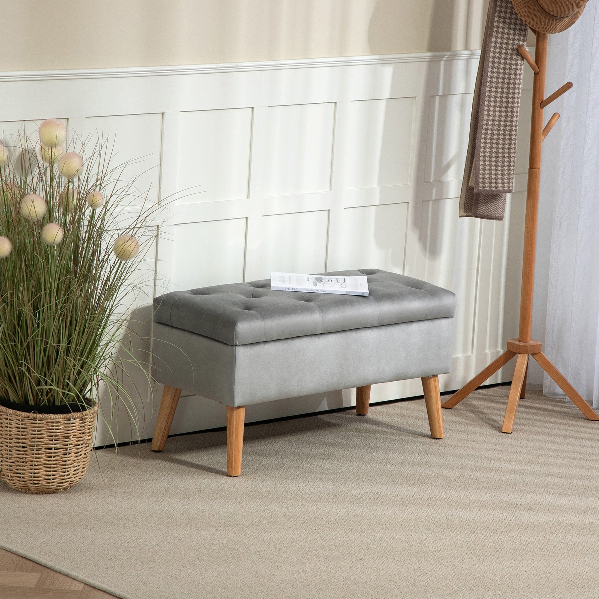 Storage Bench, Upholstered Velvet Look Bed Bench with Lid, Rubberwood Grey