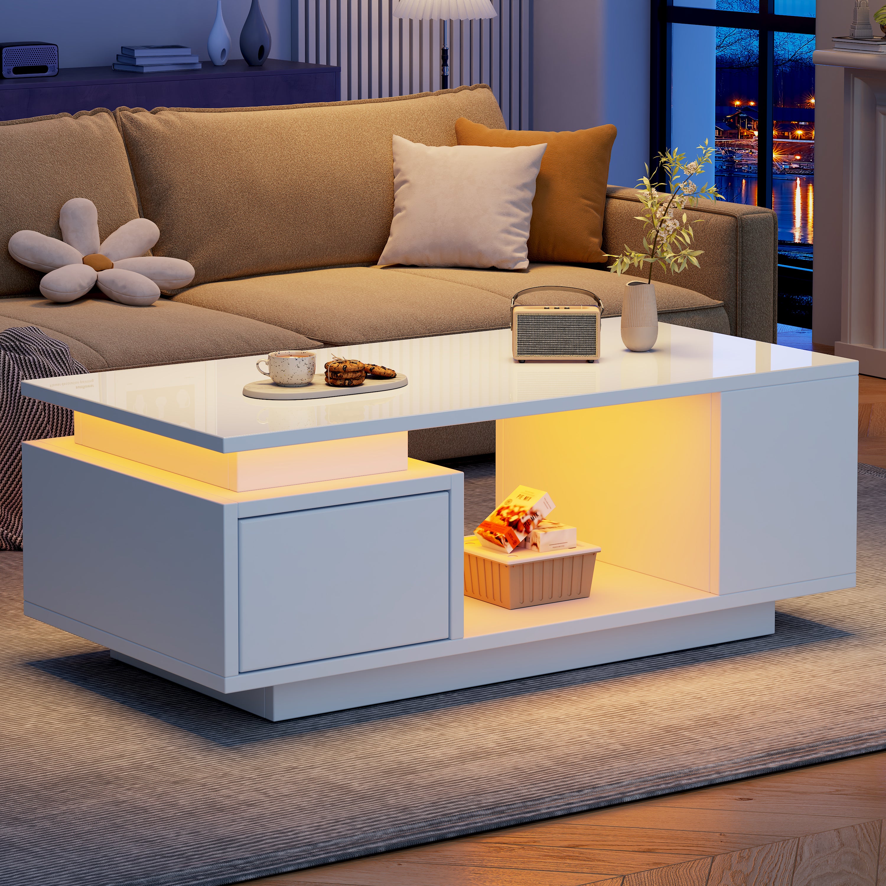 Coffee Table 100x50x36cm High-Gloss LED Side Table with Drawer and Storage White