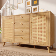 Sideboard Rattan Look Storage Cabinet 4 Drawers 2 Doors - Light Oak