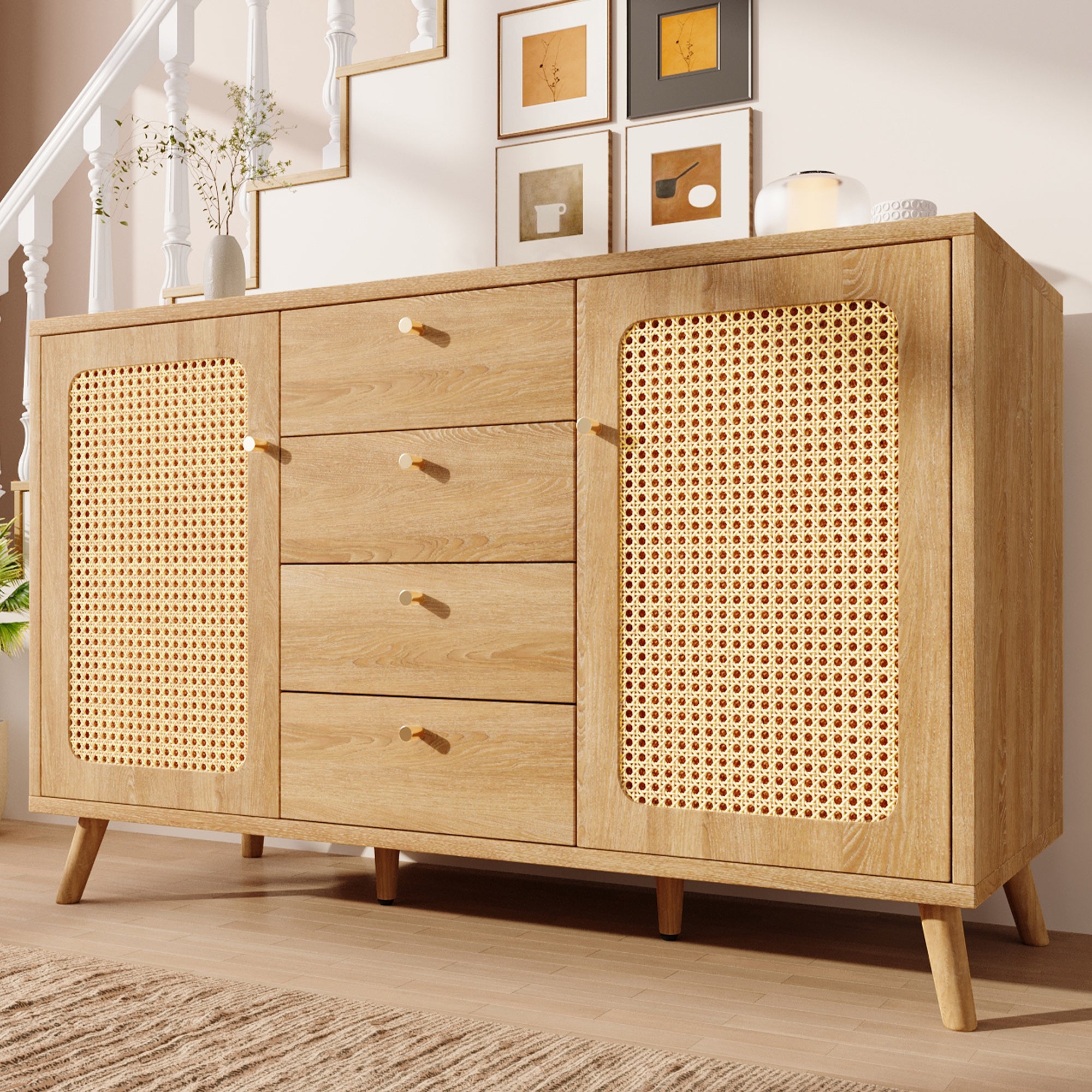 Sideboard Rattan Look Storage Cabinet 4 Drawers 2 Doors - Light Oak