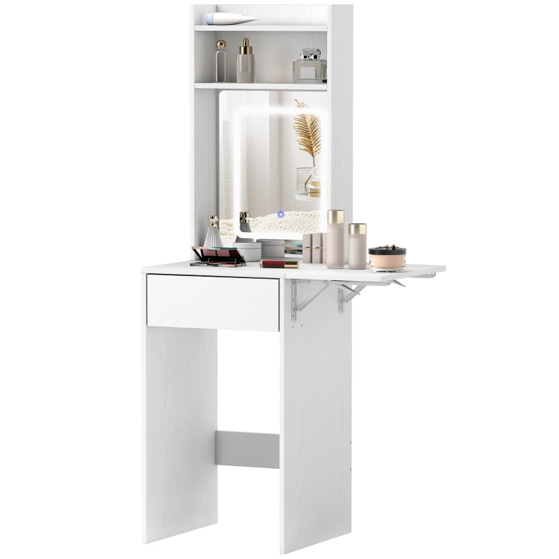 Compact Dressing Table, Mirror, LED Lighting, Folding Tabletop, Open Shelves, Drawer, White MDF
