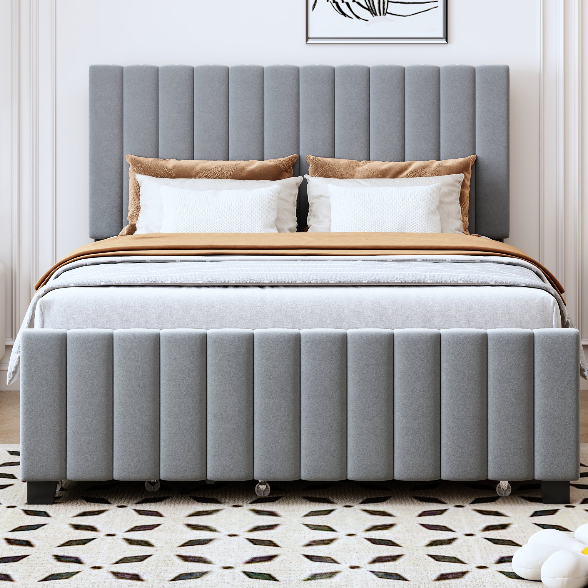 Upholstered Bed 140x190cm, Pull-Out & 2 Drawers, Velvet, Gray