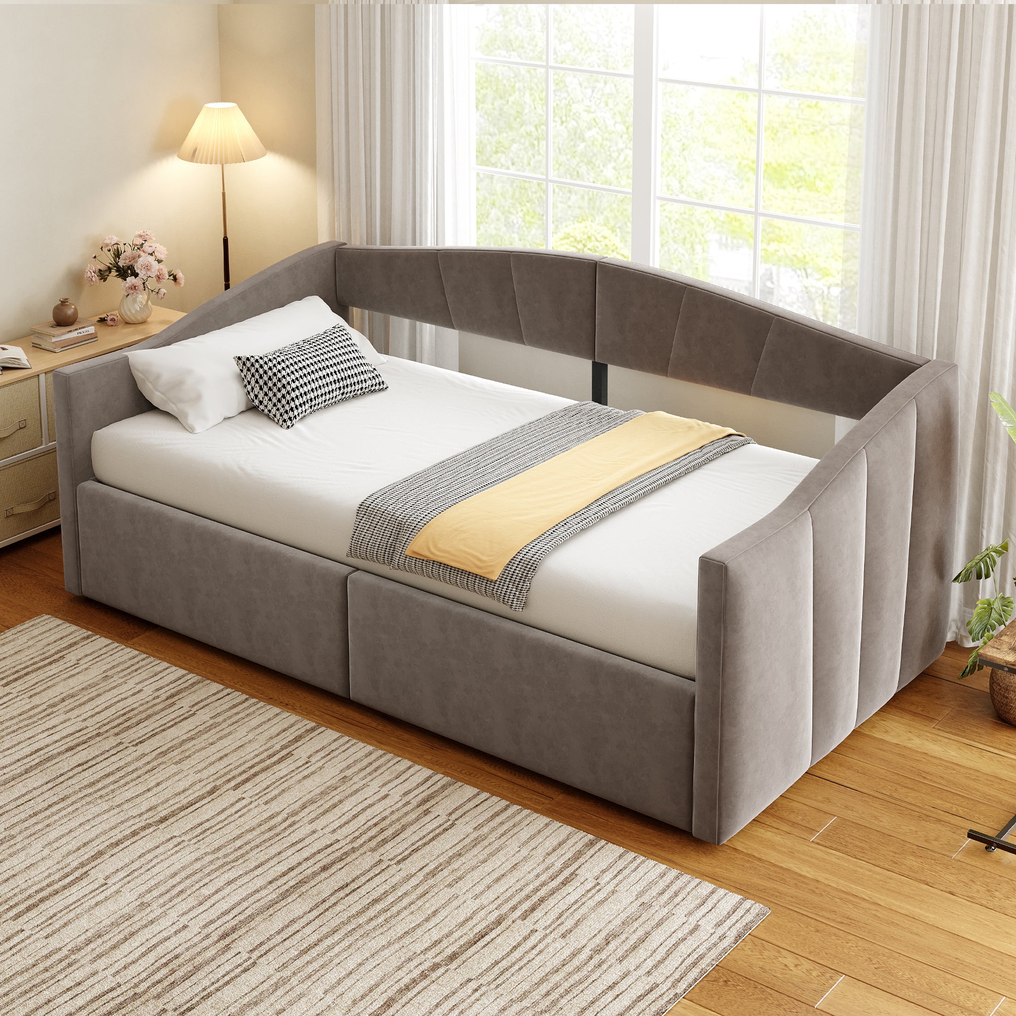 Sofa Bed, Upholstered with Hydraulic Storage, Slatted Frame & Armrests, Striped Velvet, Grey