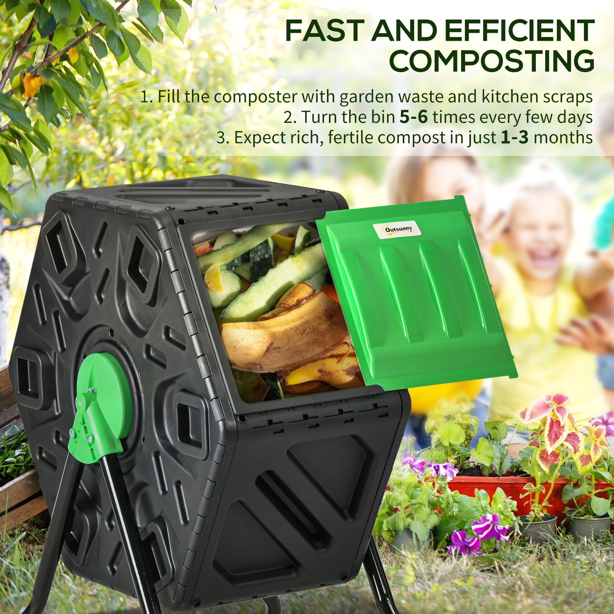 Garden Compost Bin, 65L Rotating Single Chamber with Steel Legs