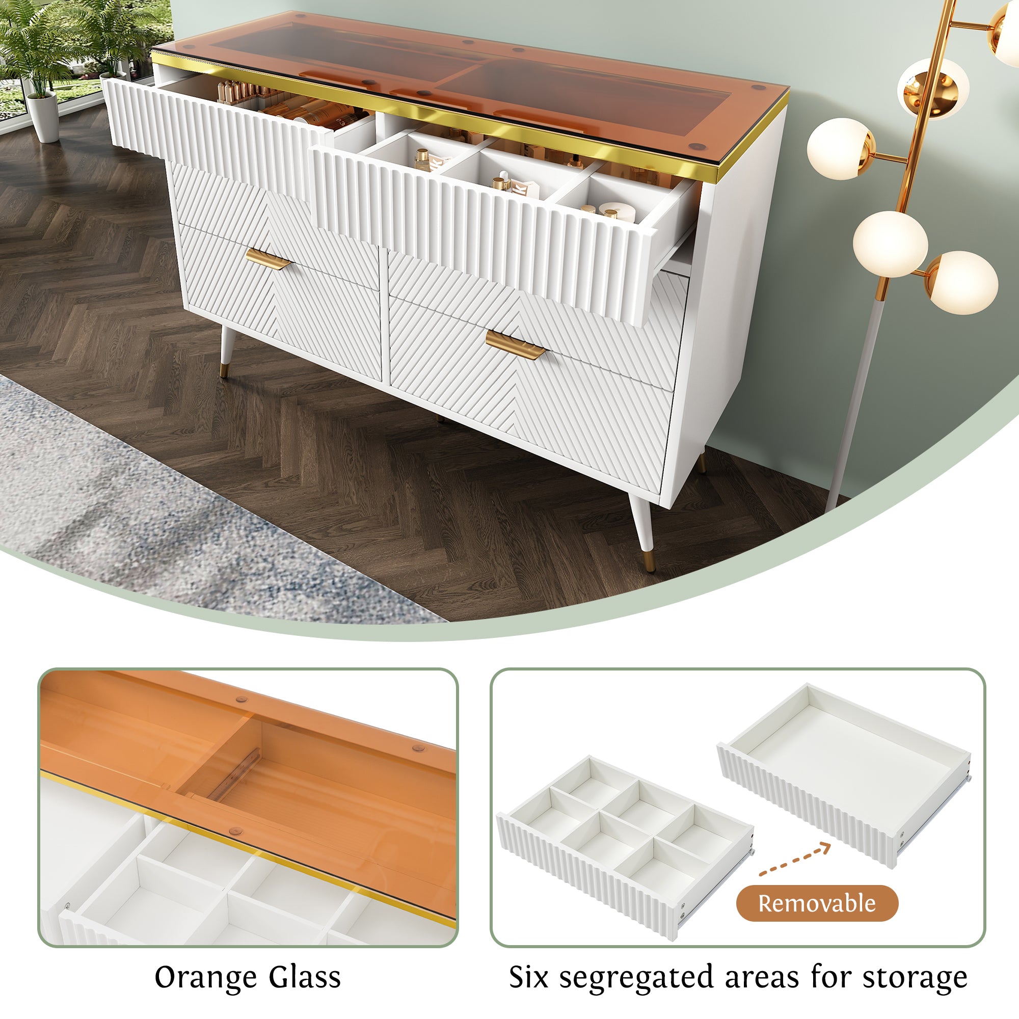 Sideboard Cabinet Dresser with 6 Drawers, Amber Glass, White