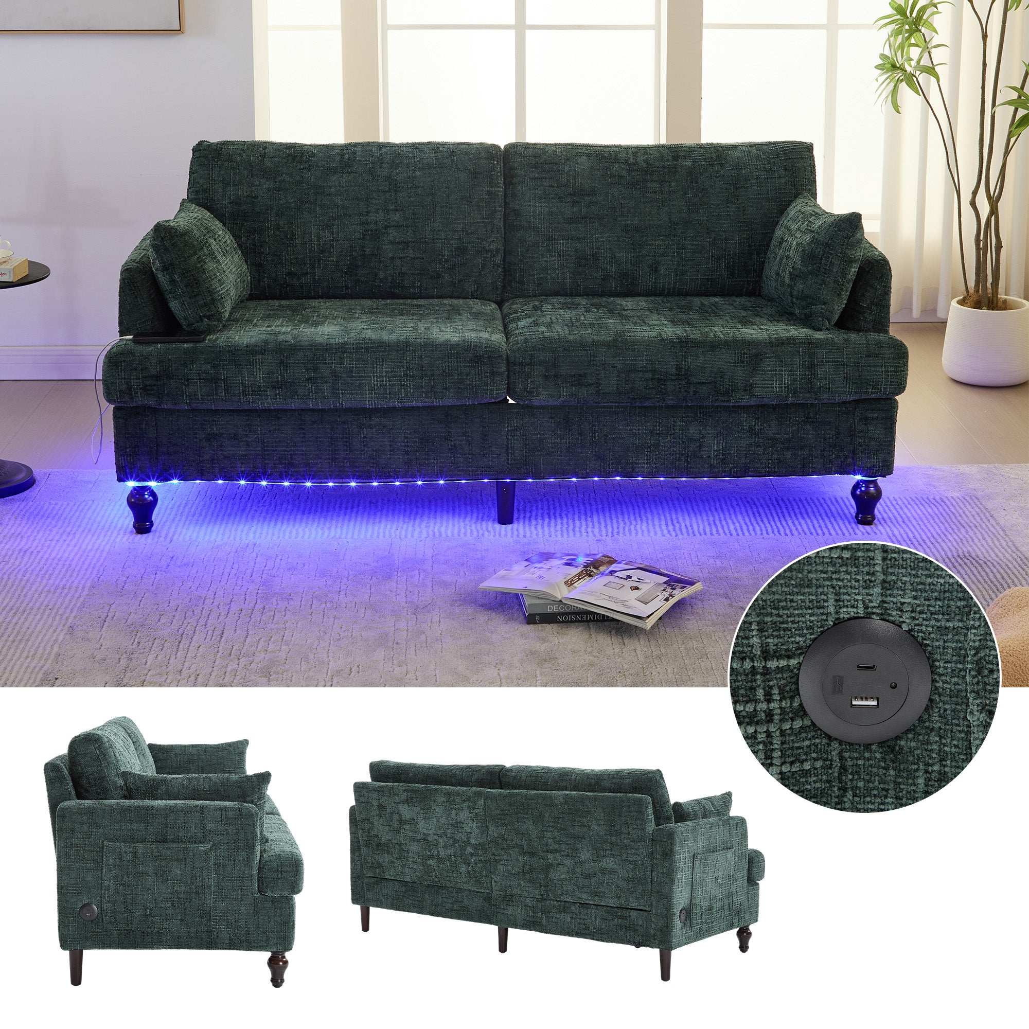 Sofa, Modern 2-Seater with LED Light, USB Port, Storage Bag, Chenille