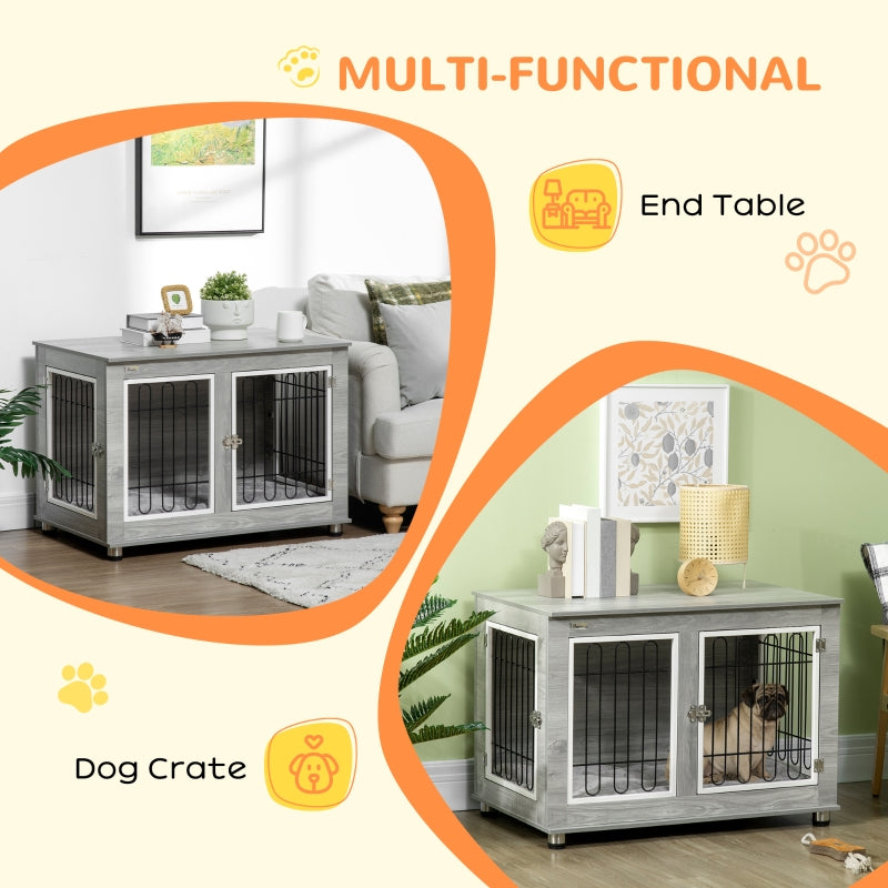 Dog Crate Furniture End Table, Washable Cushion Double Doors, Grey