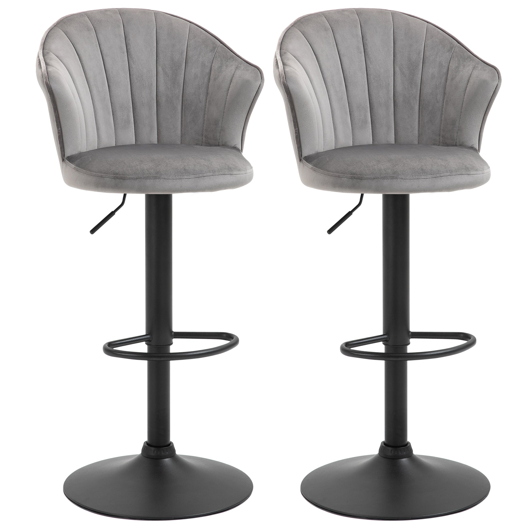 Set of 2 Bar Stools, Swivel Height-Adjustable with Backrest, Velvet Grey