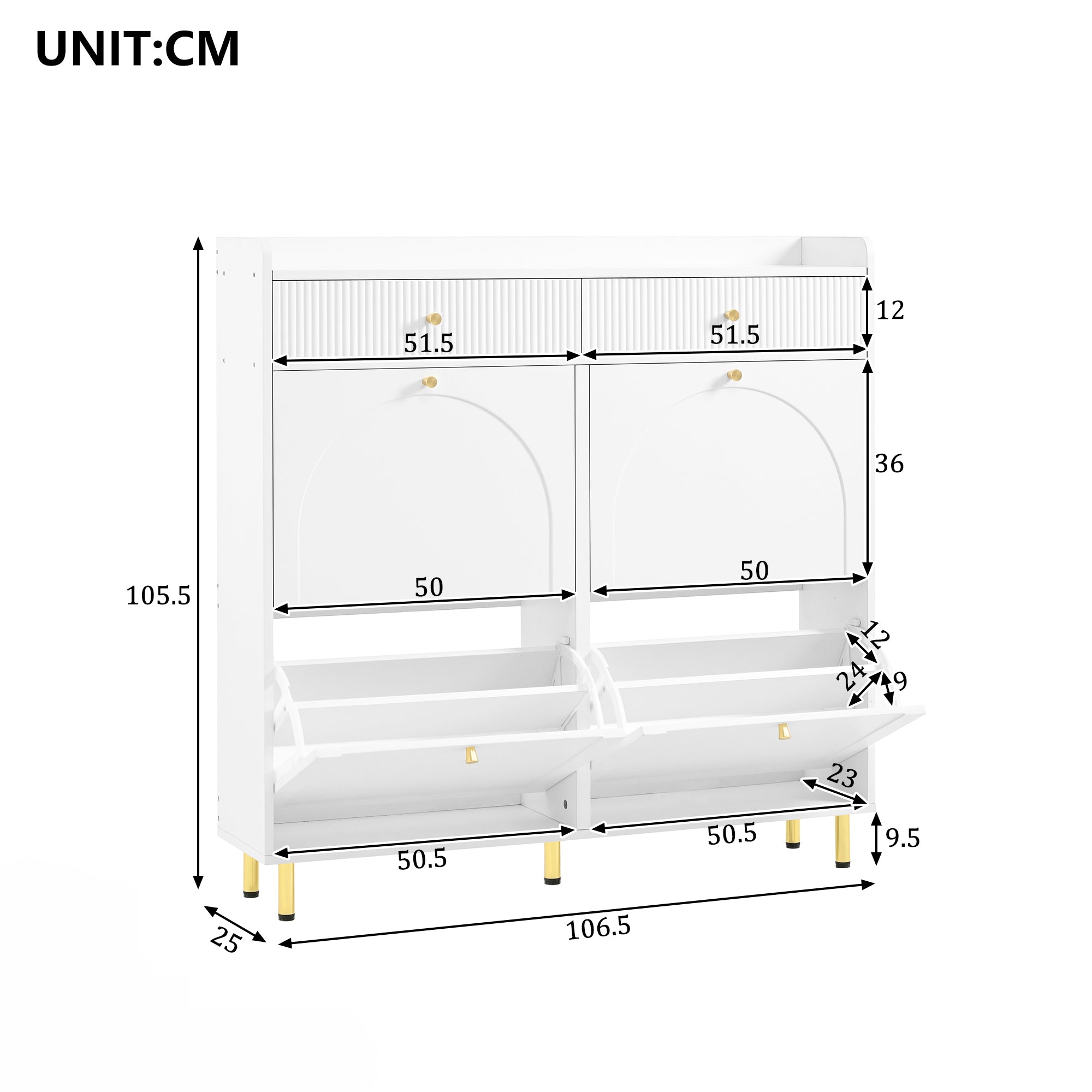 Shoe Cabinet Narrow 4 Hinged Doors 2 Drawers Metal Handles White
