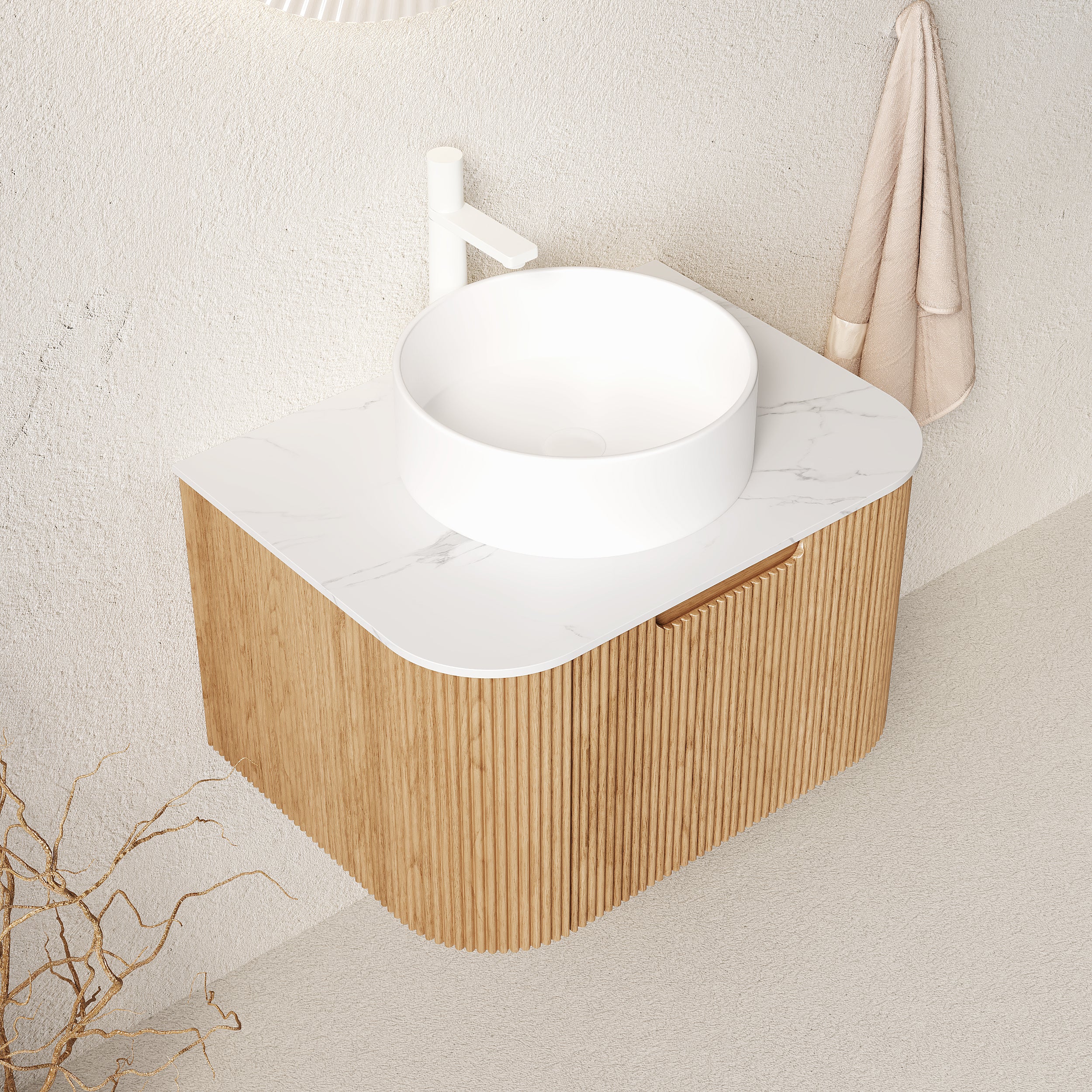 DINA Vanity Unit 61cm Wall-Hung Ceramic Sink Plywood Natural Wood Grain