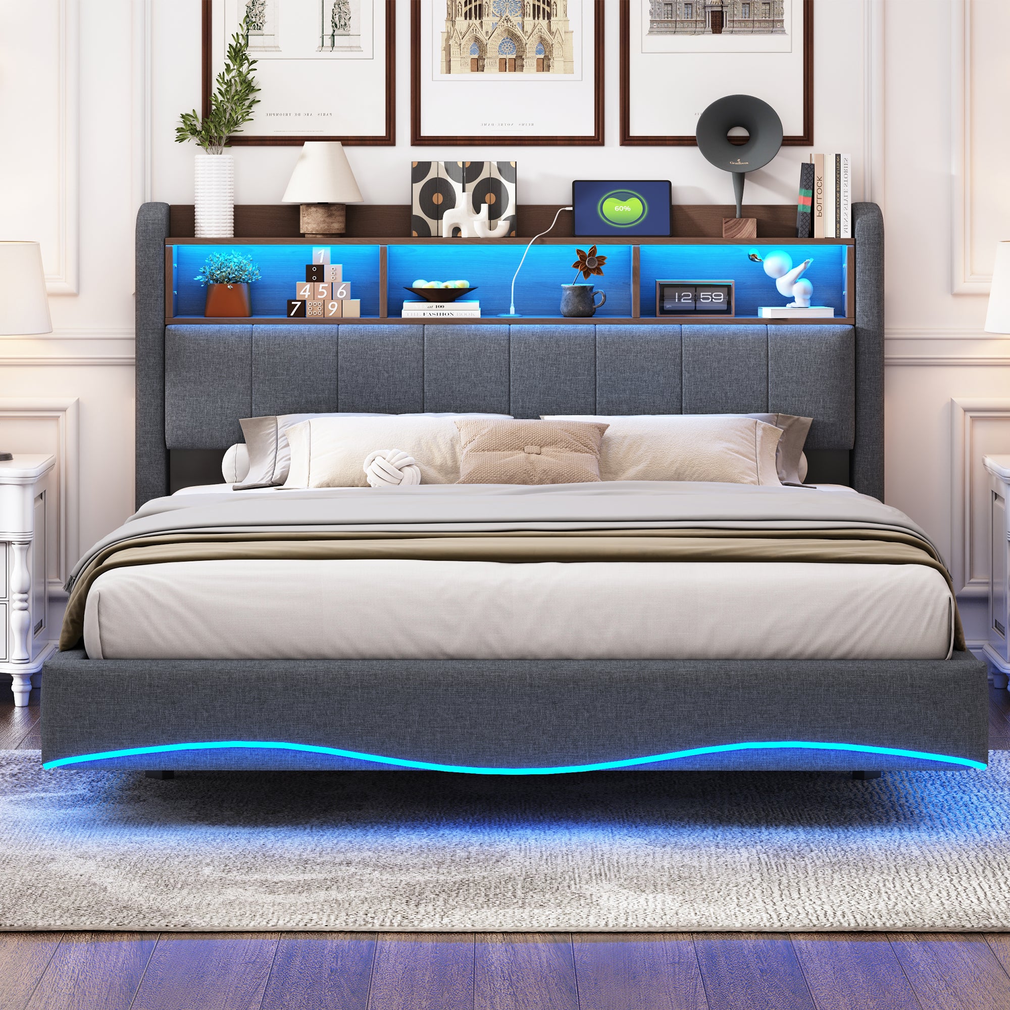 Suspended Design Upholstered Bed, Multifunctional Storage, LED, USB, Type-C, Linen Fabric Gray