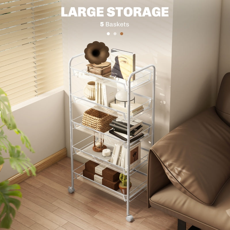 Storage Trolley 5-Tier Mesh Basket with Wheels, White Steel