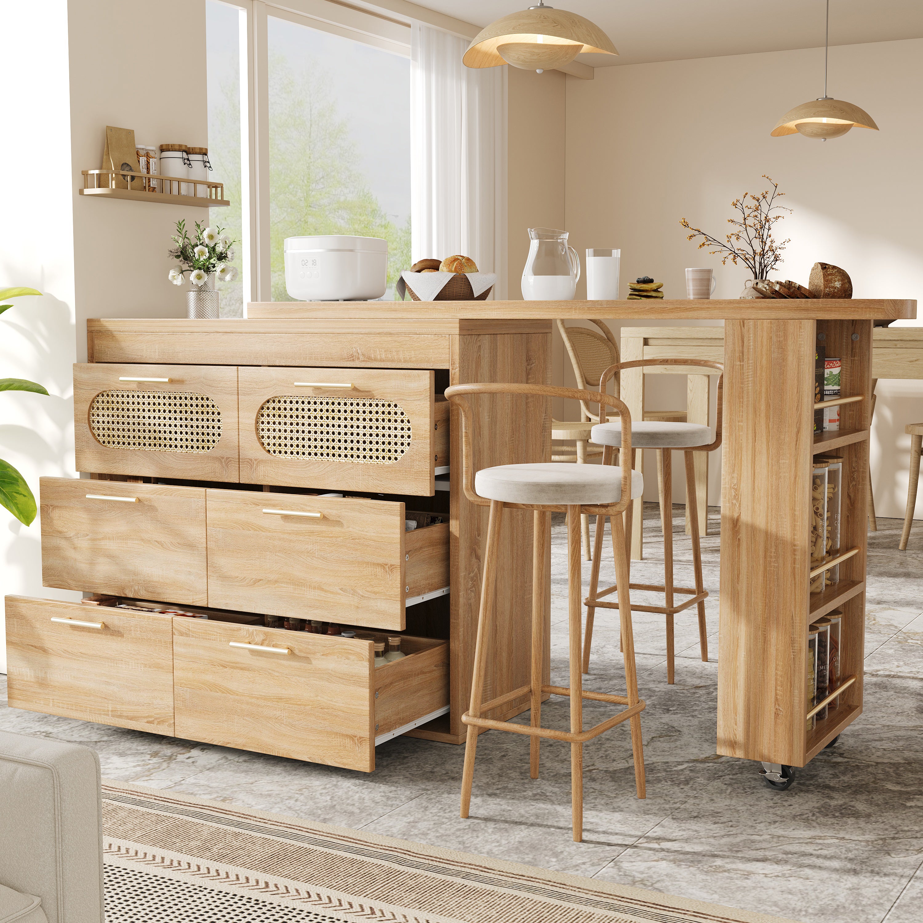 360° Rotating Bar Table with 6 Drawers and Anti-Tip Device, PE Rattan and Metal