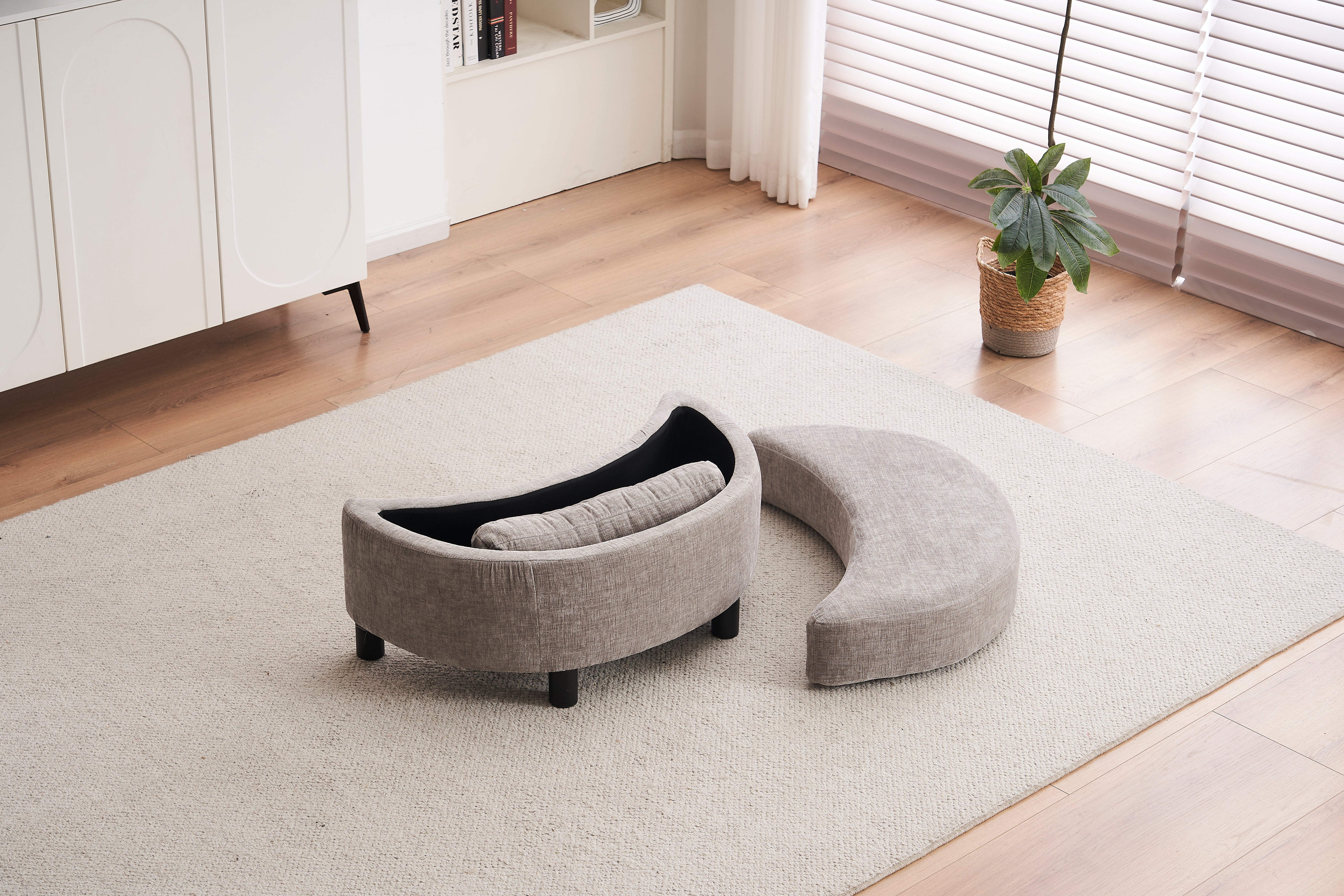 Chenille Swivel Armchair with 3 Back Cushion Pillow and Ottoman Crescent Stool