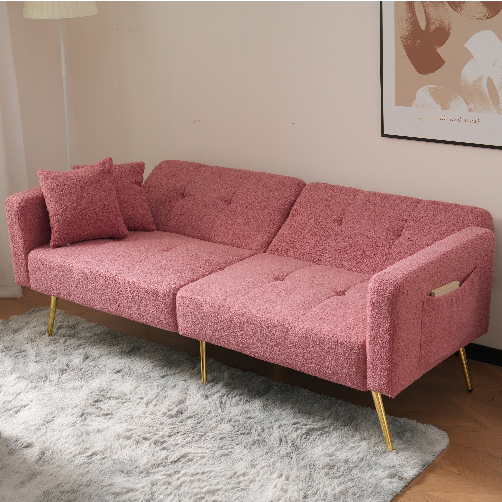 Sofa Bed, Adjustable Backrest, Gold Legs & Storage Pockets