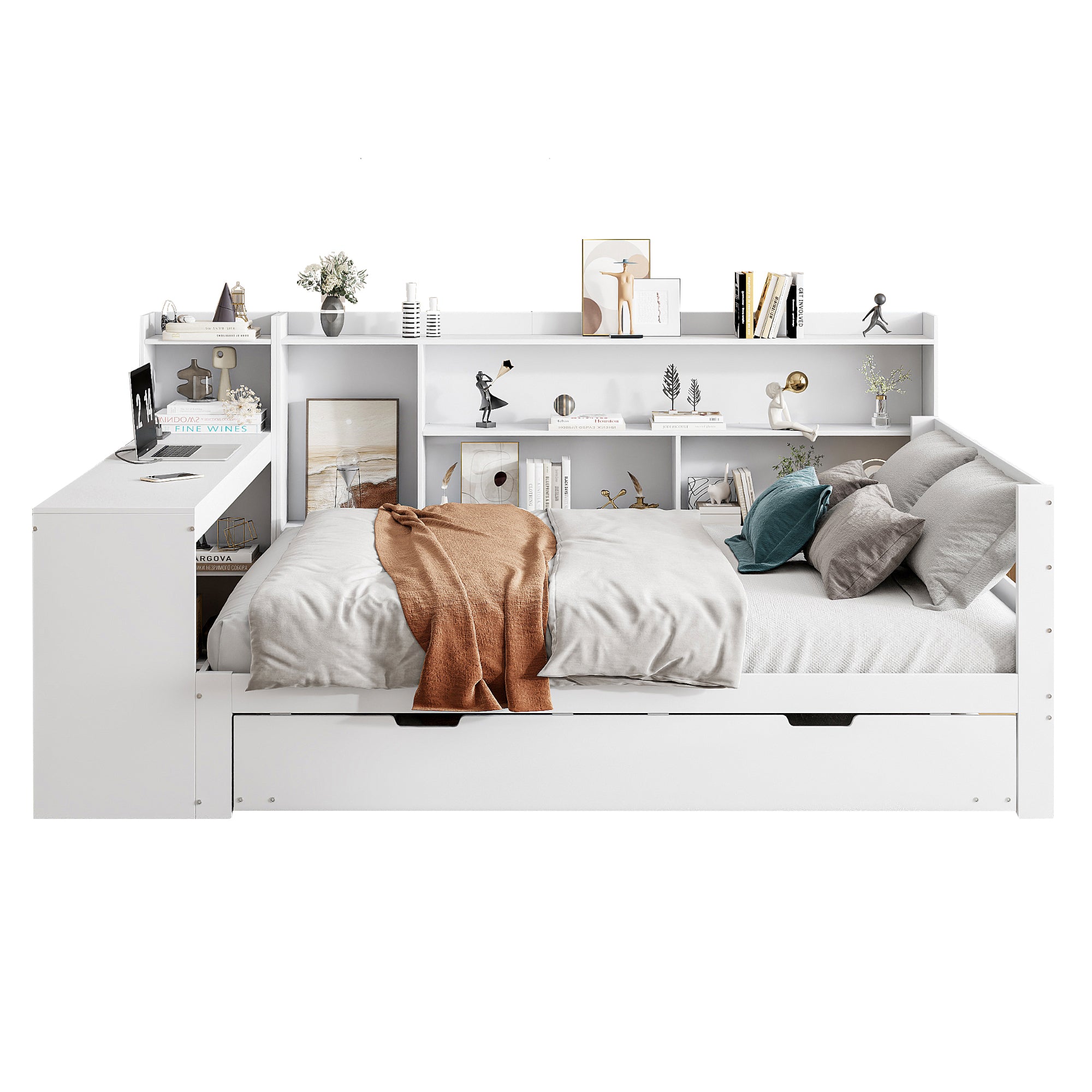 Sofa Bed, Multifunctional Double with Desk, Bookshelves, Storage, Power Outlets, Pull-Out Bed, Solid Wood