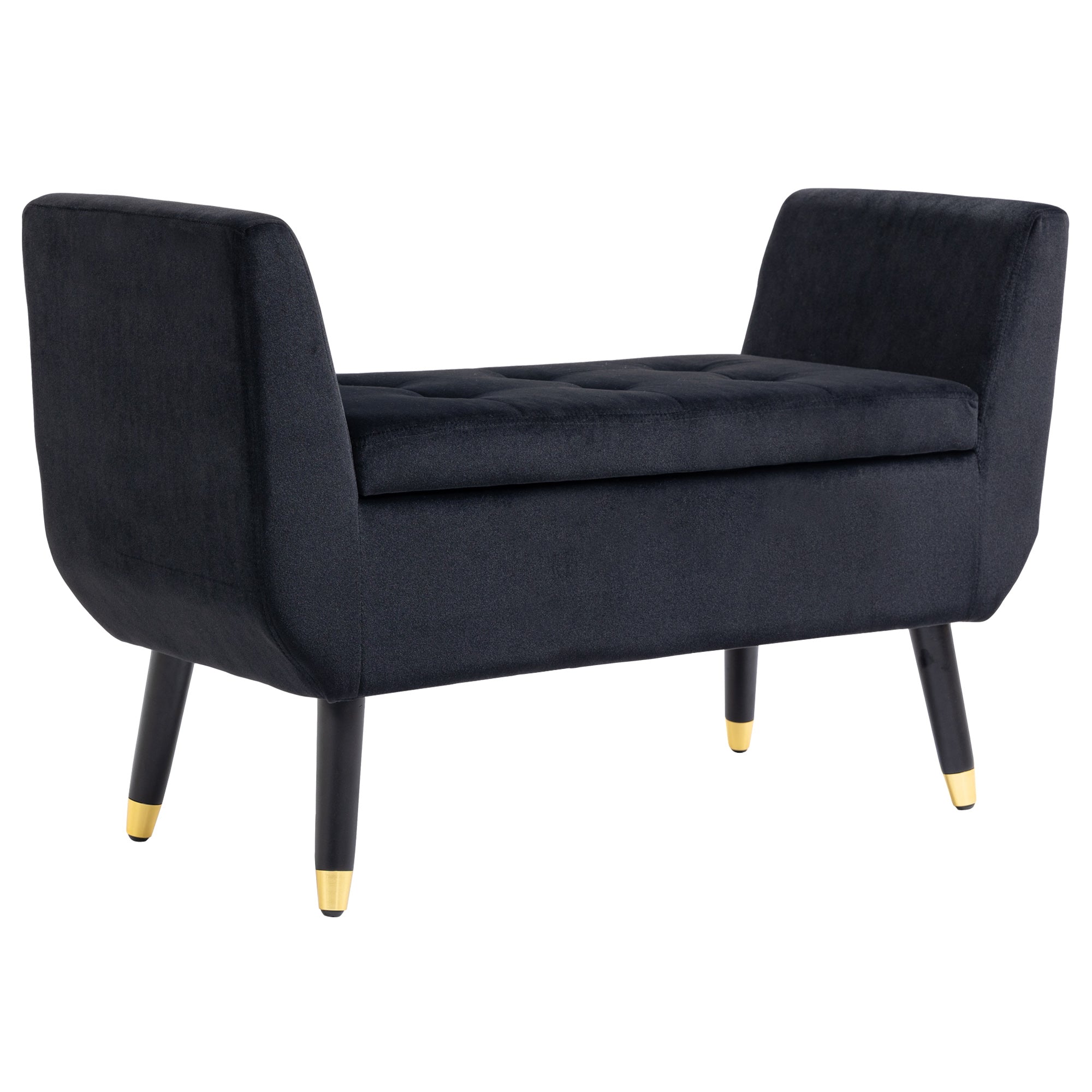 Luxury Upholstered Bench, with Storage & Armrests, Velvet Polyester, Black