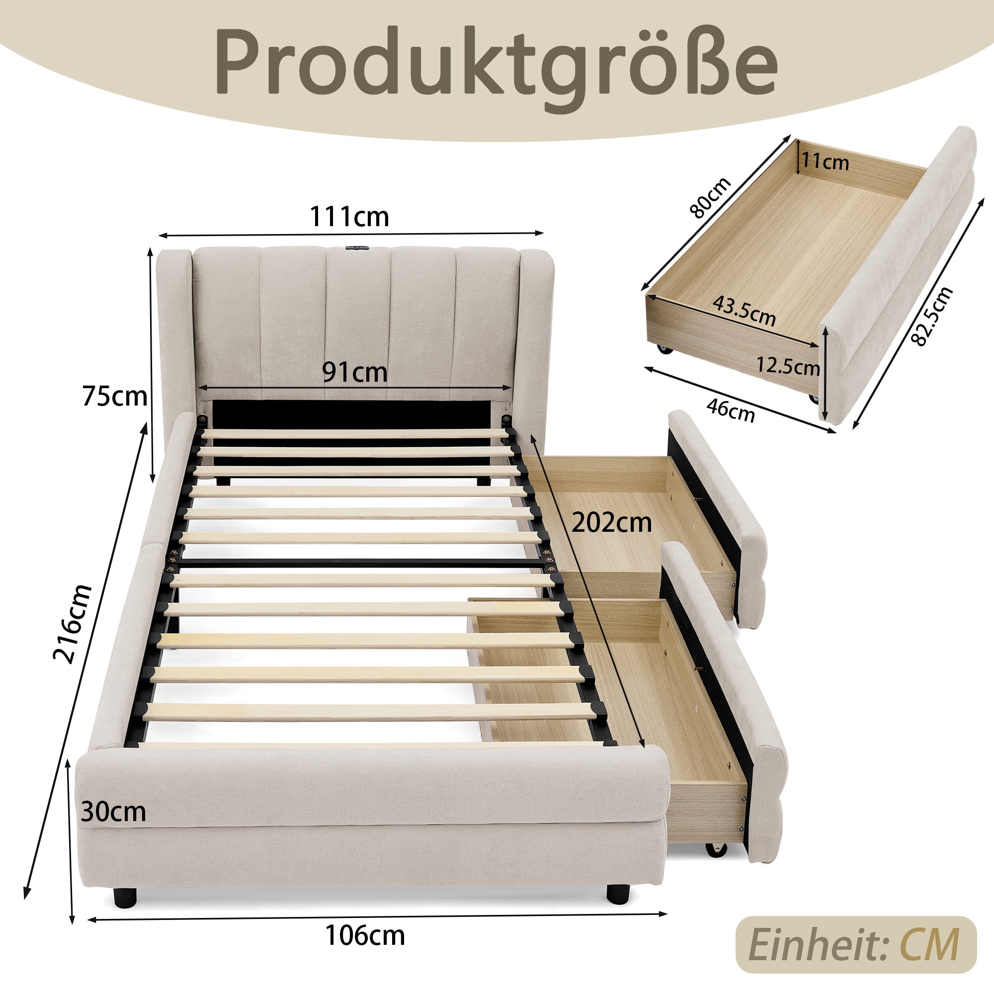 Single Bed 90x200 cm with Side Storage and USB Charging Port, Beige Chenille Fabric