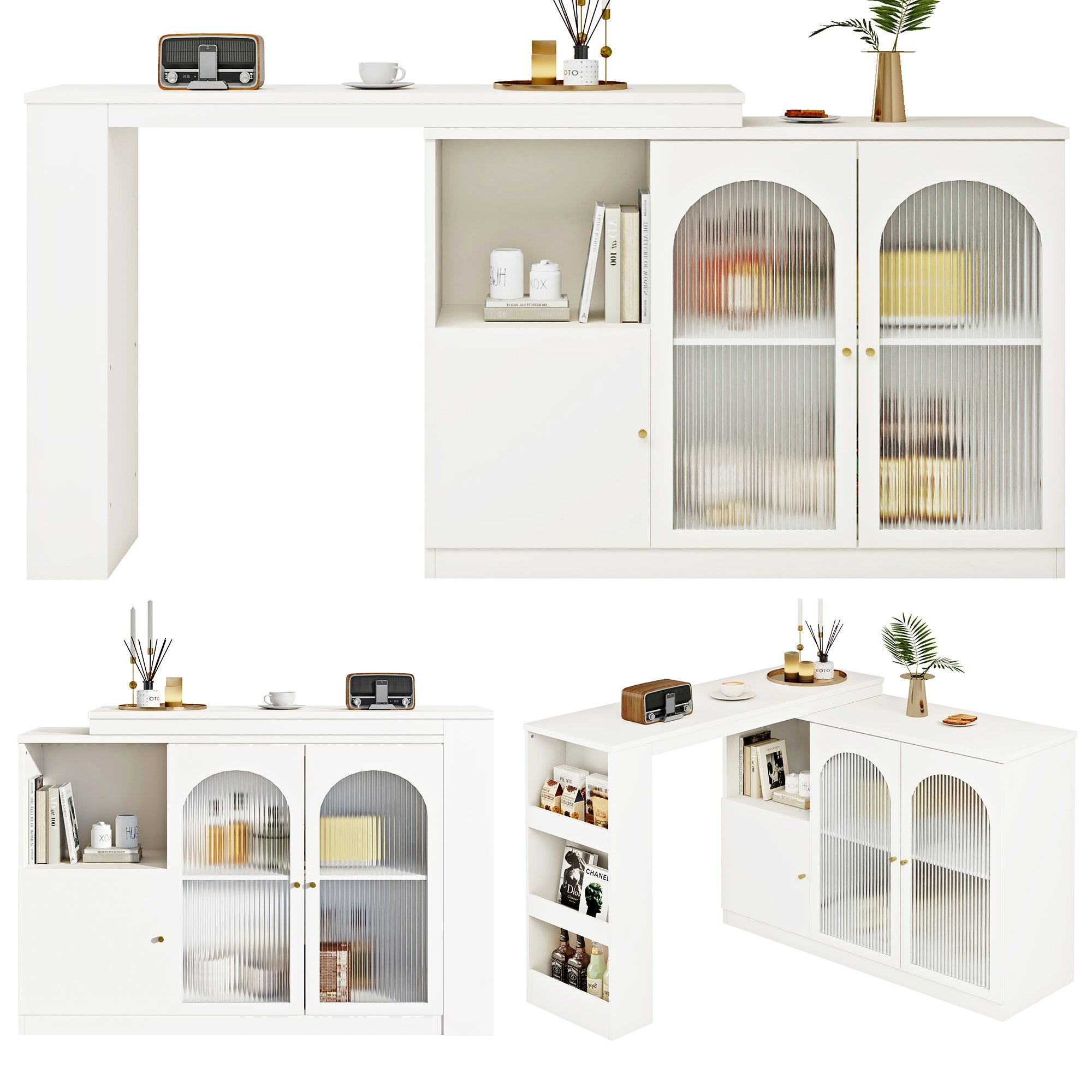 Bar Table, 360° Rotating Dining Cabinet with Glass Door, White