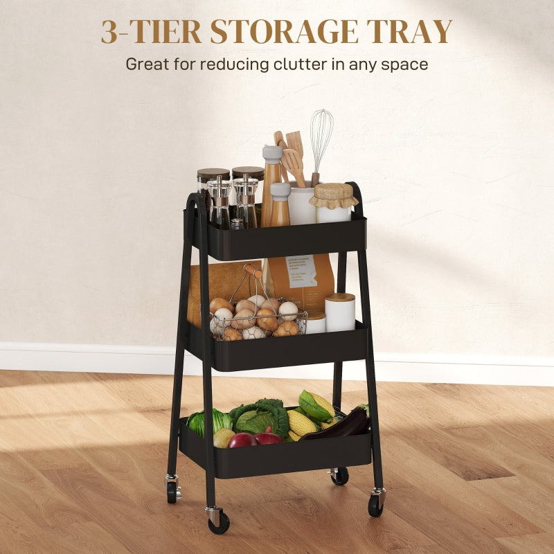 Three-Tier Storage Trolley with 4 Wheels & Mesh Shelves, Black Metal