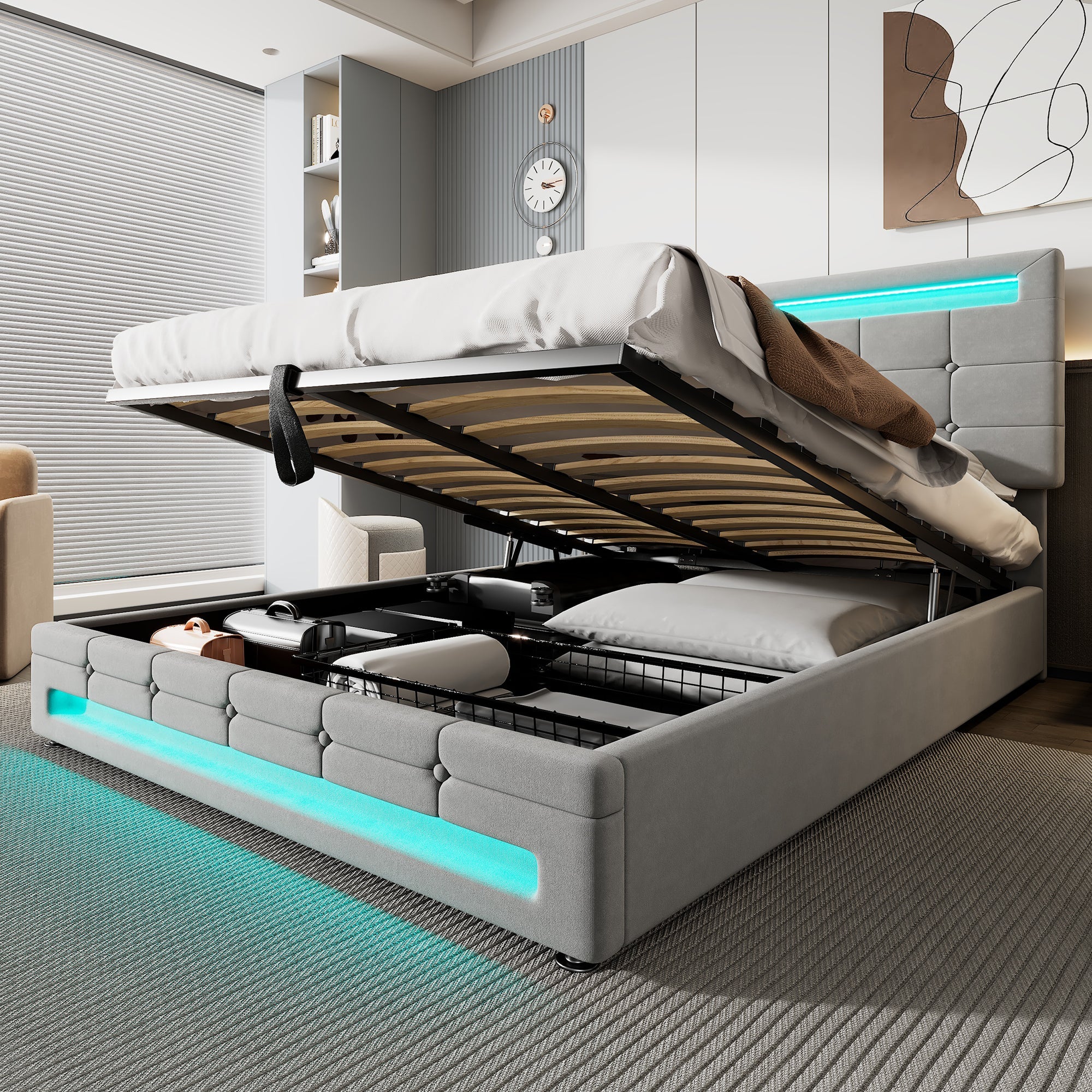 Upholstered Hydraulic Bed, 4ft6 Double 135x190cm with Square Embellishment and 7-Color LED Strips, Grey Velvet+Iron