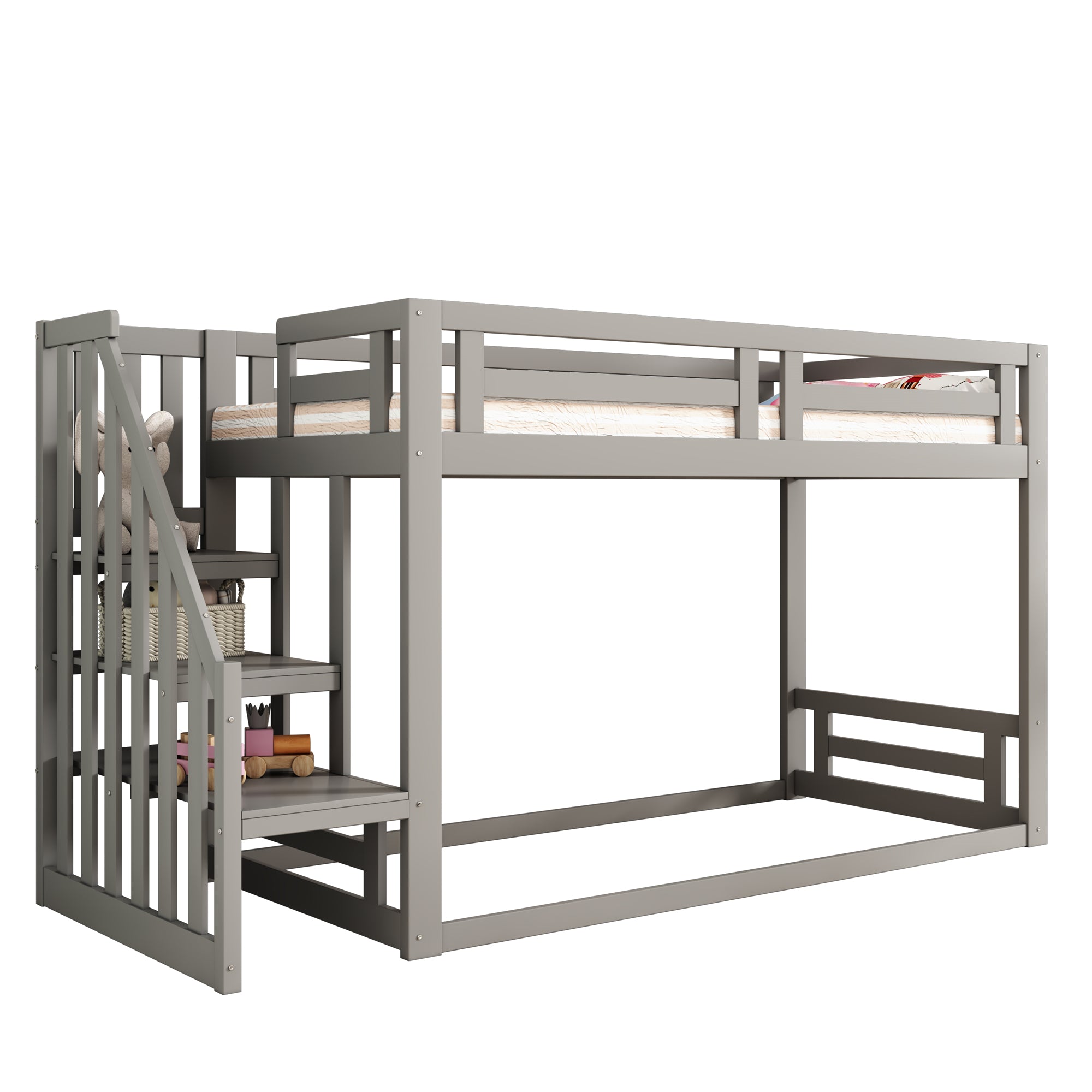 Children's Bed, Low Bunk with Safety Stairs, Solid Wood Gray