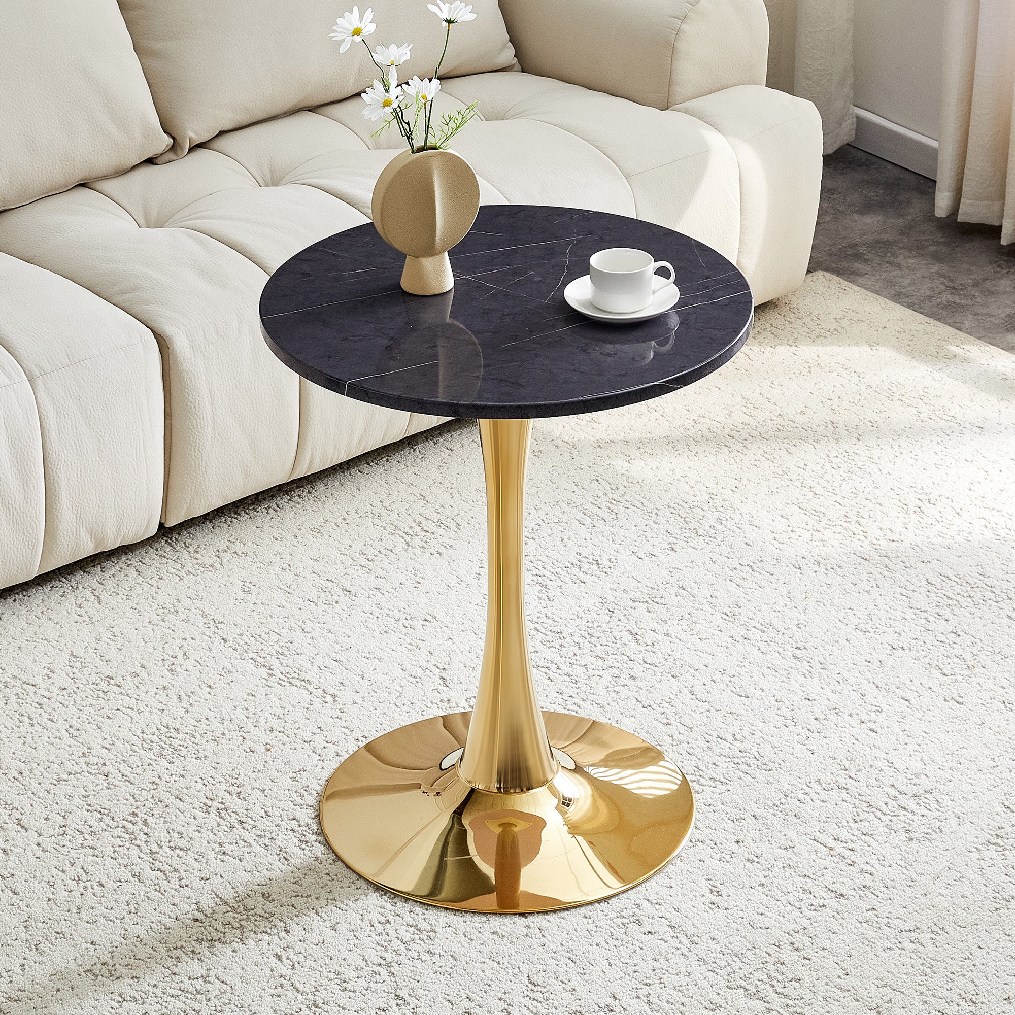 Round Side Table 60cm Black Marble Look - Golden Base MDF