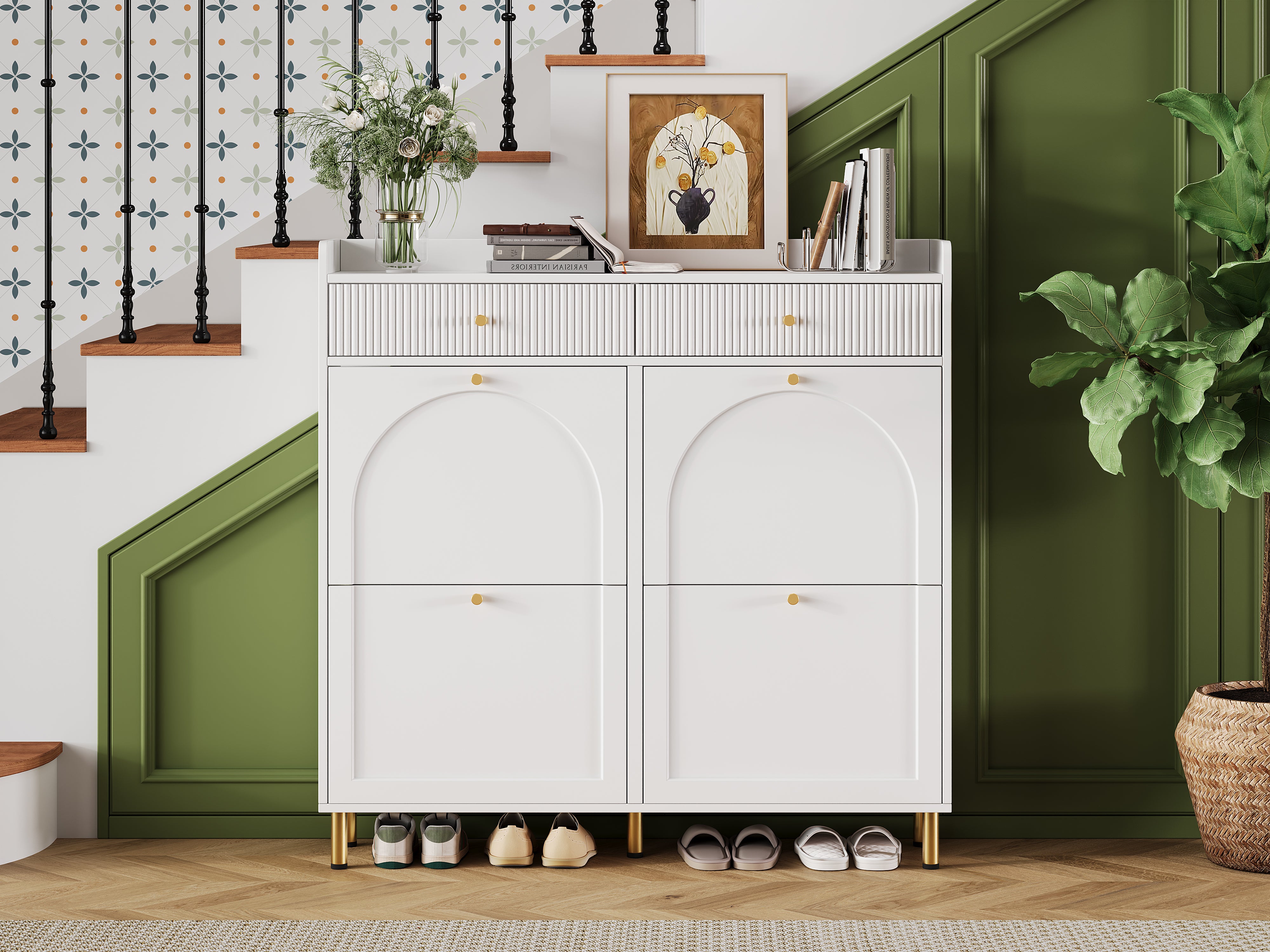 Shoe Cabinet Narrow 4 Hinged Doors 2 Drawers Metal Handles White